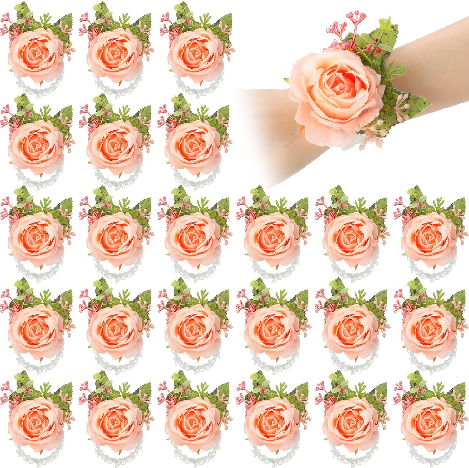 Sherr Wedding Rose Wrist Corsage Wristlet Band for Bridal Bridesmaid Women Flowers Bracelets Decor Wedding Artificial Flowers for Party Prom Homecoming(White,24 Pcs)