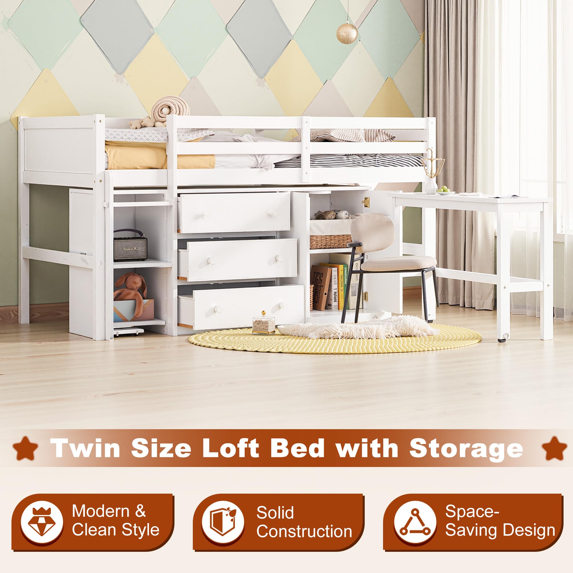 Osparple Twin Size Low Loft Bed, Kids Loft Beds with Desk and Storage, Wood Beds Frames with Drawers, Cabinet and Shelves for Teens, Girls or Boys, White
