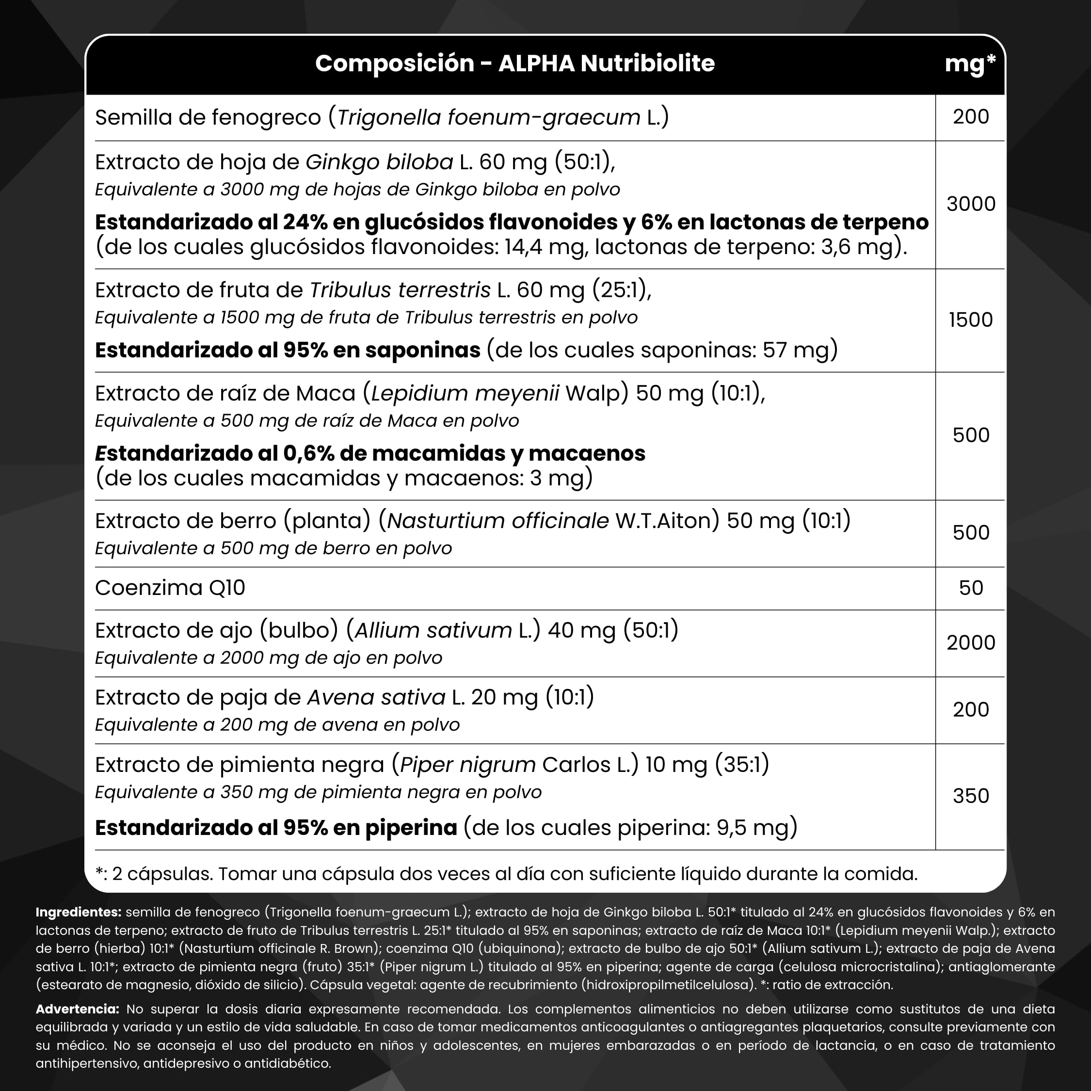 Complejo Altamente Concentrado con Maca, Tribulus, Fenogreco, Ginkgo, Co-Q10, Piperina. Fuerza + Resistencia + Energía. Pre-entreno. 60 capsulas veganas - ALPHA