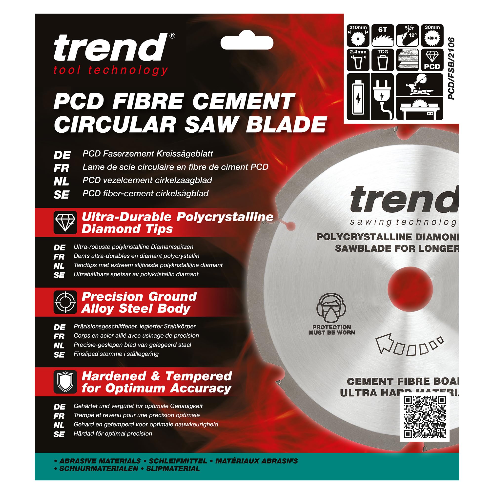 Trend Lame de scie circulaire PCD en fibre-ciment, diamètre 210 mm, alésage 30 mm, 6 dents, trait de scie 2,4 mm, crochet +12°, PCD, finition grossière, PCD/FSB/2106