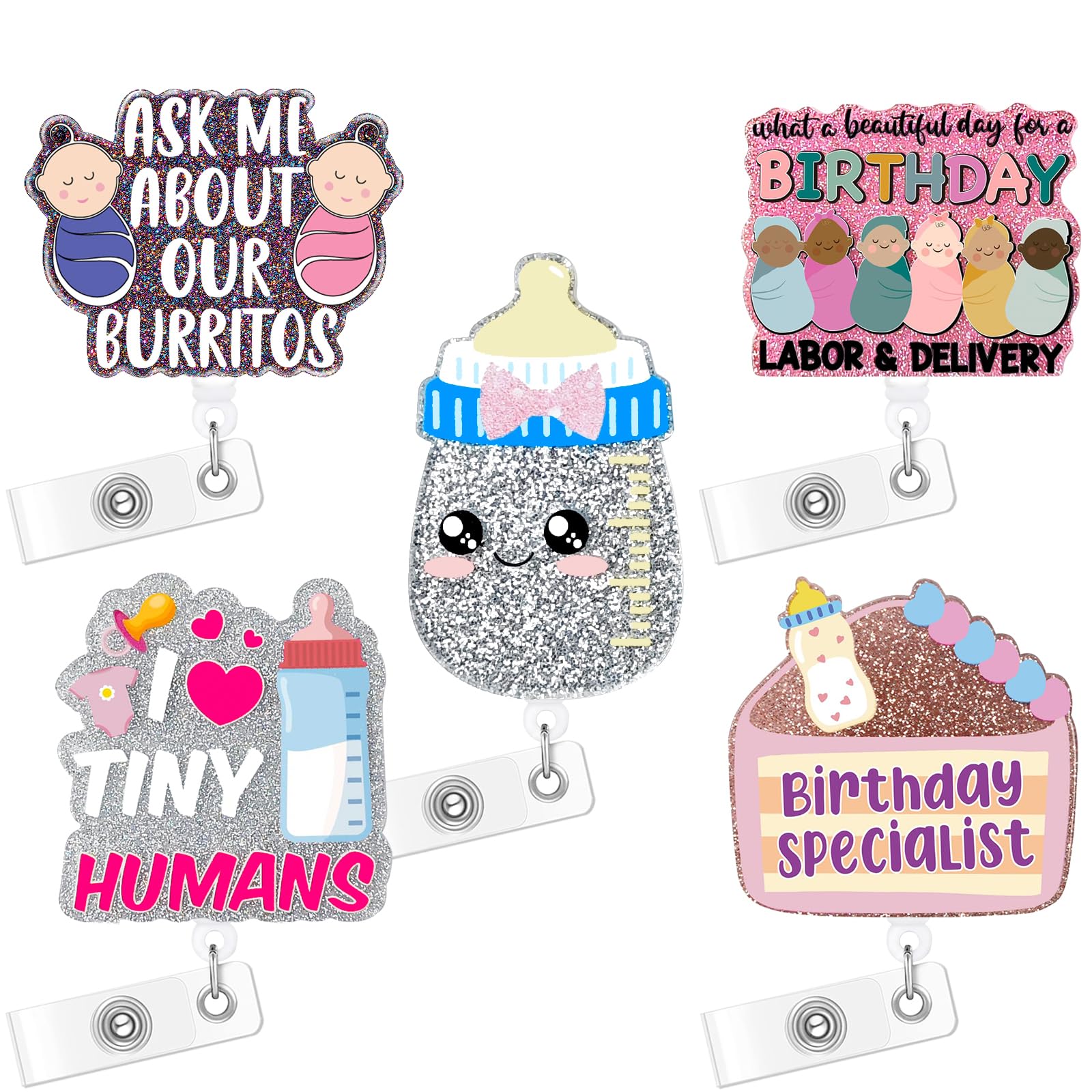 Horee Acrylic Badge Reel, 5 PCS Cute Funny Badge Holder Retractable ID Card Holder with Alligator Clip, Badge Holder Reels Accessories for Nurse