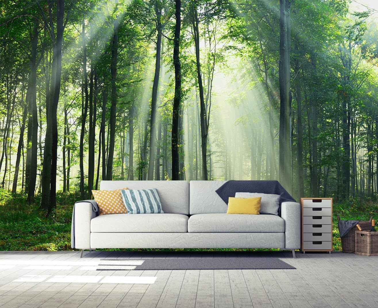 Forest Scenery 3D Wall Mural Wallpaper, Sun Exposure Photo Print Wallpaper, Panoramic Peel and Stick Mural for Living Room Bedroom Study TV Background Decor-48 W x 36" H