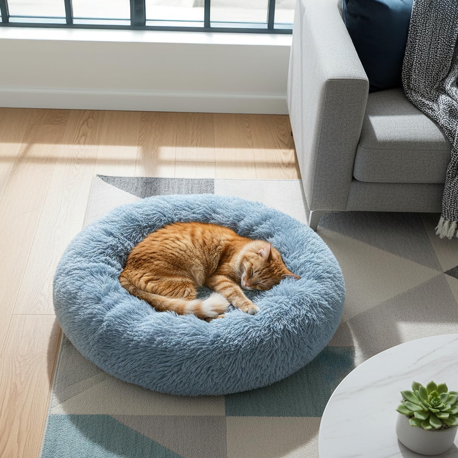 PetAmi Calming Dog Bed for Small & Medium Dogs and Cats, 23 Round Donut Dog Bed, Washable Fluffy Faux Fur Puppy & Cat Bed, Anti-Anxiety Plush Cuddler Pet Bed with Anti-Slip Bottom - Blue