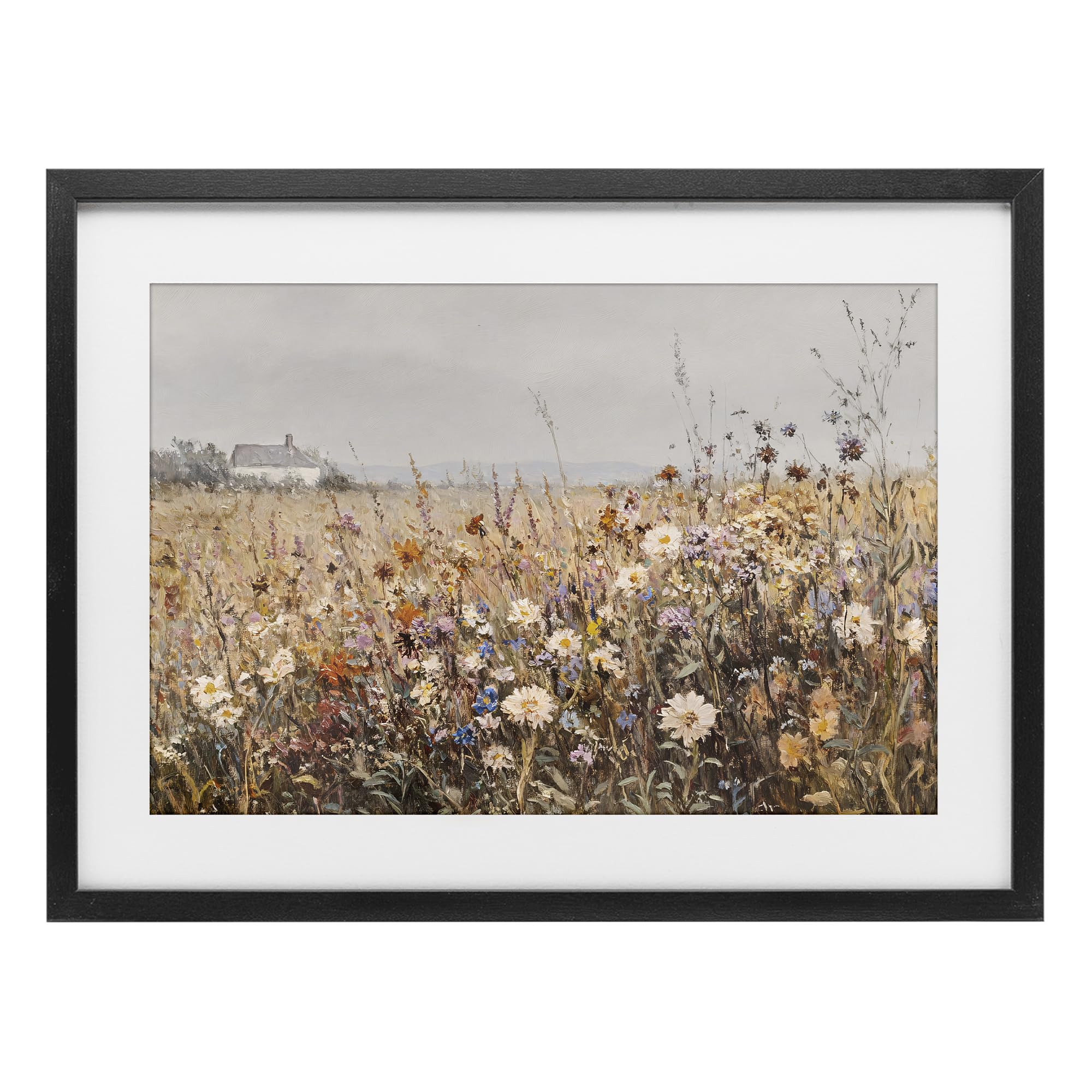 Stupell Industries Midnight Black (Textured) 'Quaint Cottage Meadow'| Framed Print Under Glass