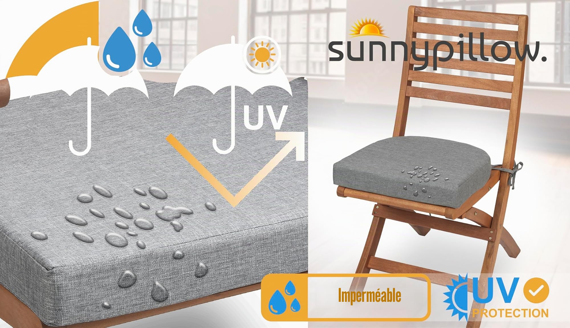 sunnypillow Lot de 2 Coussins de Chaise 40 x 40 x 7cm, Extérieur - imperméables résistants aux UV - Coussin d'assise pour bancs - Coussin de siège pour la Maison et Le Jardin - Gris