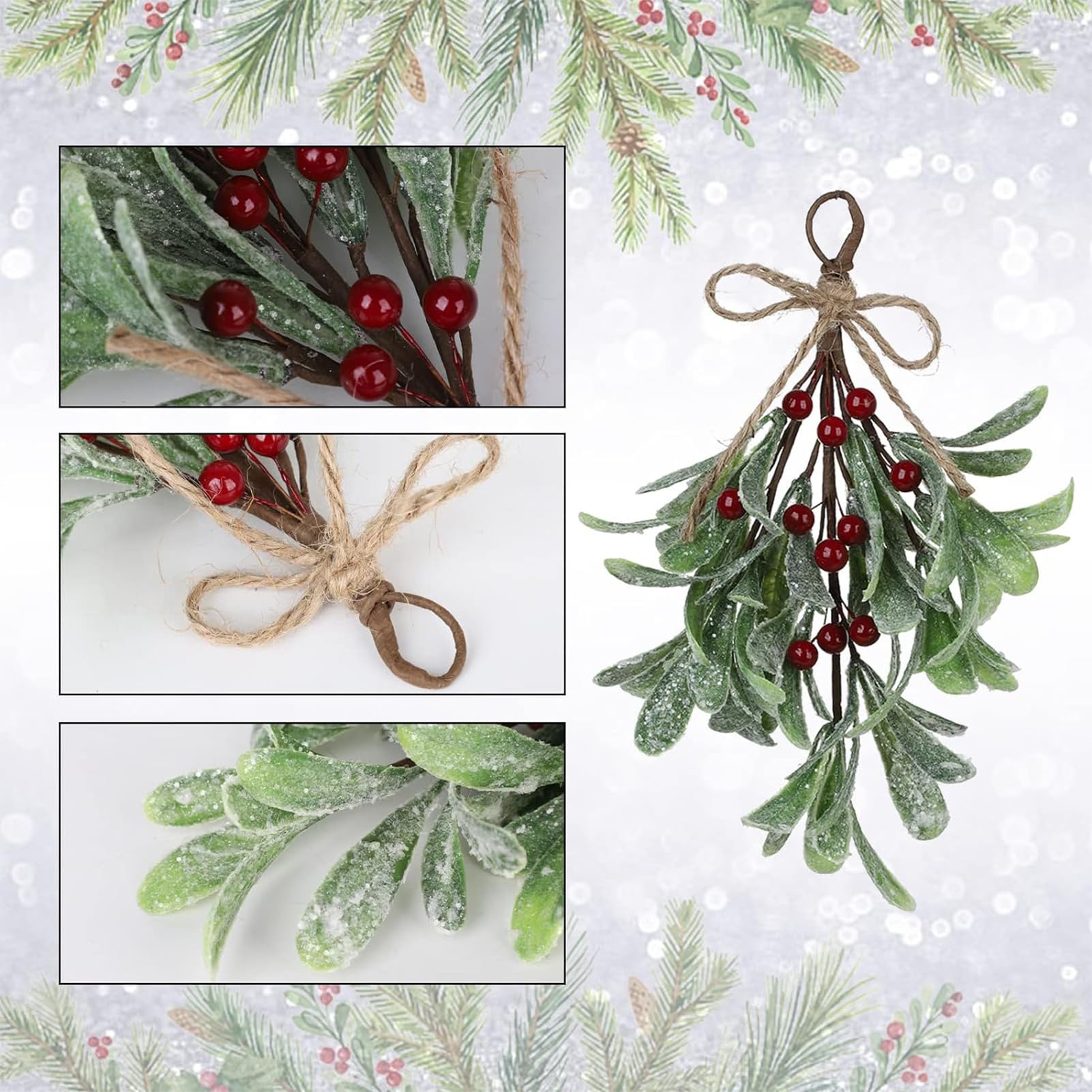 Mistelzweig Künstlich, Simulierte Weihnachts Mistelzweig Dekoration, Künstliche Mistelzweige Mit Frostbeeren Und Schleife, Mistelzweigs Hängedeko weihnachtens, Beerenstiele Ornament Für Girlande(Rot)