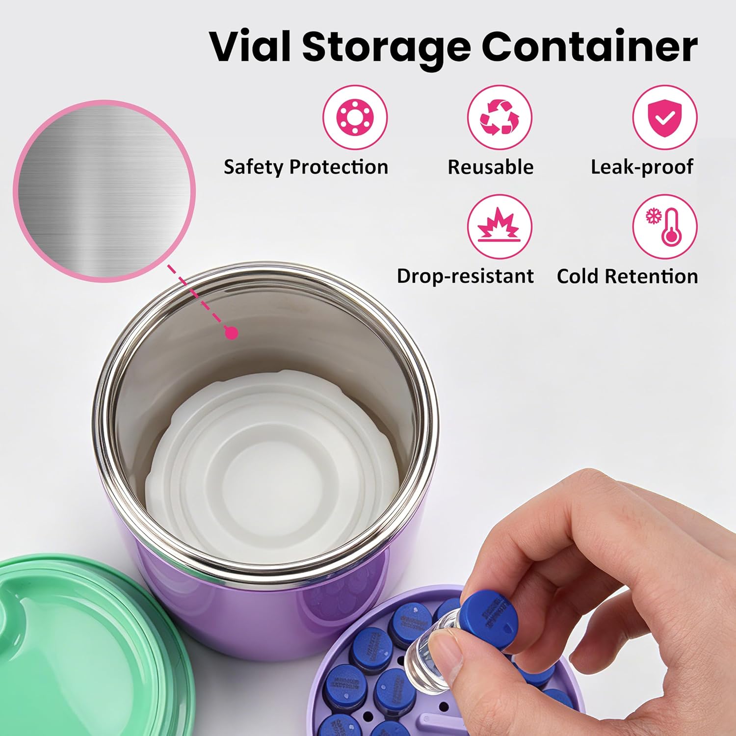 3ml Vial Storage Food jar with Soft Insert & Ice Pack, Long-Lasting Cooling Peptide & Diabetic Medication Set, Portable Travel Vial Storage, Holds 21 Vials, Purple(No Vials Included)