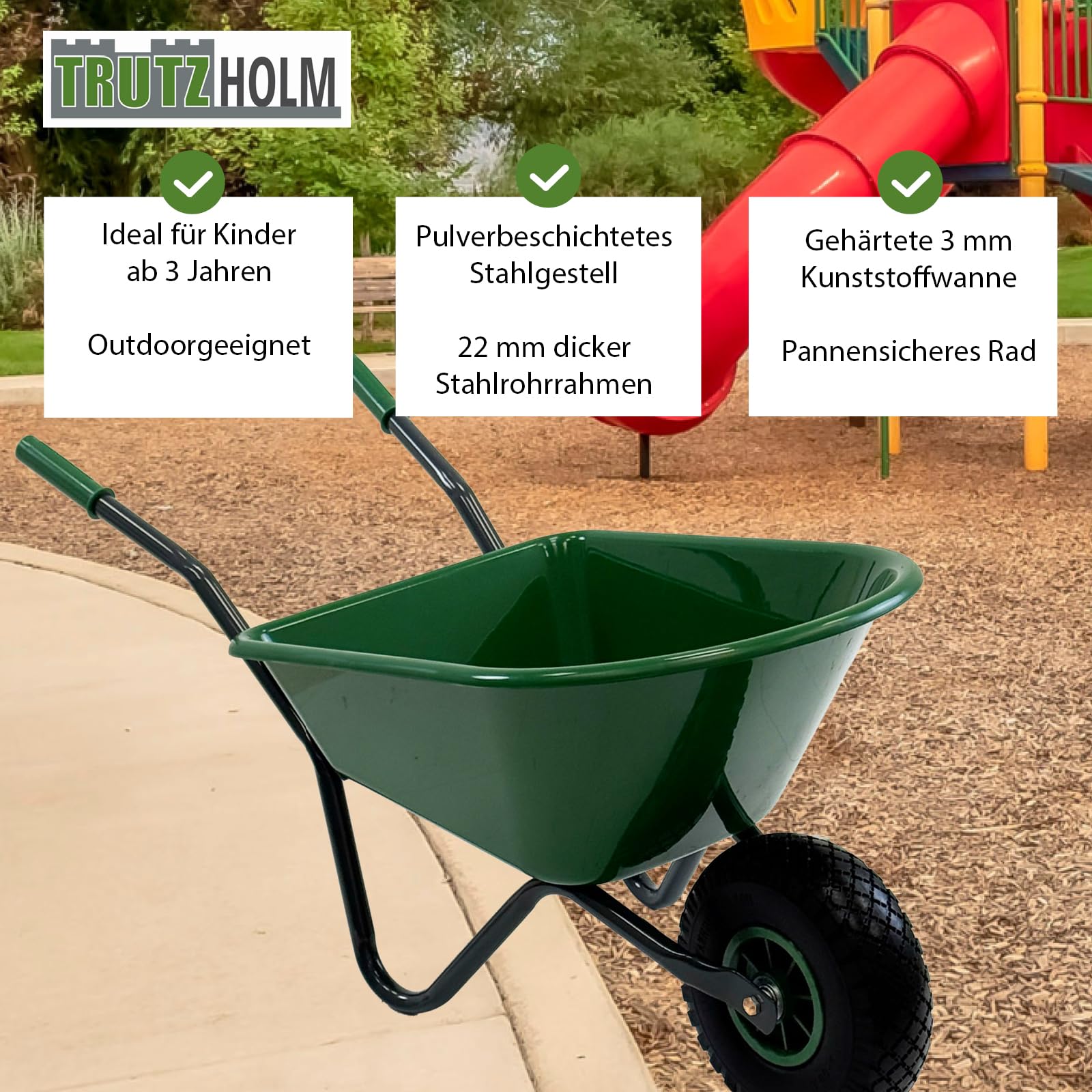TRUTZHOLM Kinderschubkarre Uni 3,6 kg 40 kg Traglast Stahl Kunststoff grün Vollgummirad Schiebkarre Gartenkarre (Uni I grün)