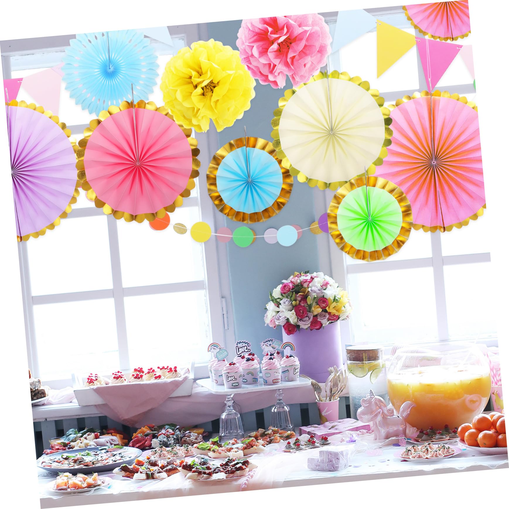 Pastellfarbene Partydekoration aus Papier Pompons Papierfächer und Banner Leicht Handlich für Feiern und Klassenzimmer