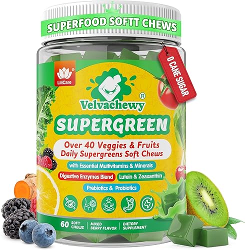 Super Greens Soft Chews, Greens Superfood Suplemento con Espirulina, Clorella, Luteína, Enzimas Digestivas y Fibra, Multivitaminas  Soporte diario