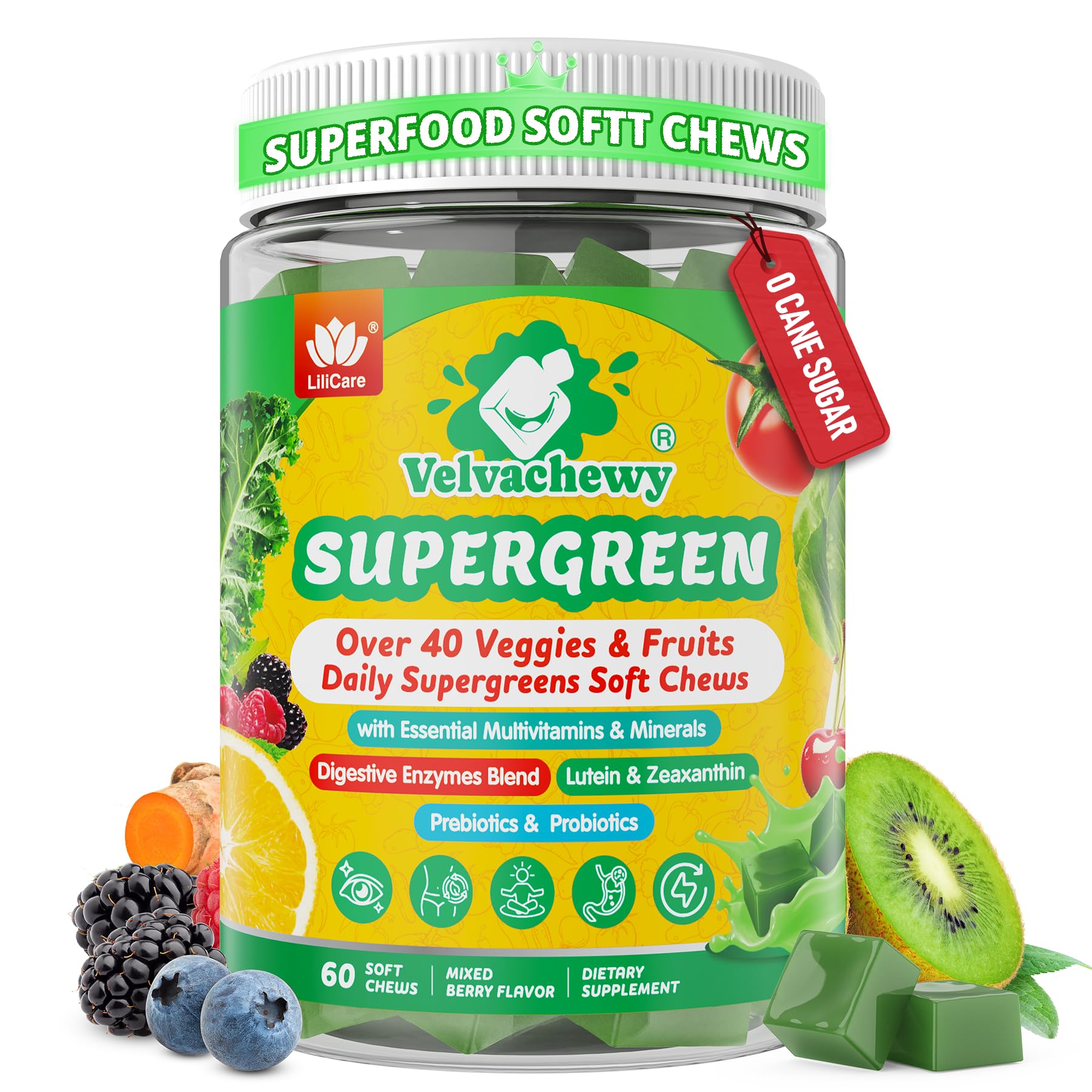 Greens Gummies for Picky Teens & Adults, Enzymes & Fiber - Digestion, Gut