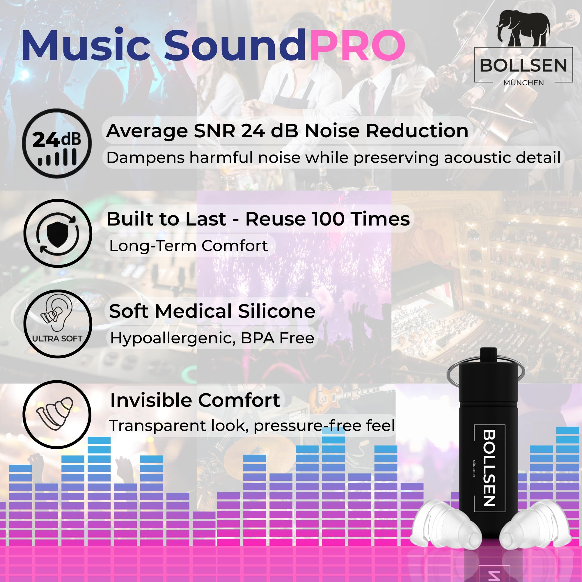 Bollsen Tapones para los oídos para conciertos, festivales y fiestas – Reducción de ruido 24 dB SNR & tapones de silicona reutilizables para melómanos, DJs y músicos – Cómodos y discretos (3)