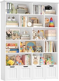 FOREHILL Mueble Organizador Juguetes, Mueble Almacenaje Juguetes, Estanteria Montessori, Organizador de Juguetes Estanteria Infantil, 4 Cajones con Ruedas, 12 Compartimentos, Blanco 125.5x33x175 cm