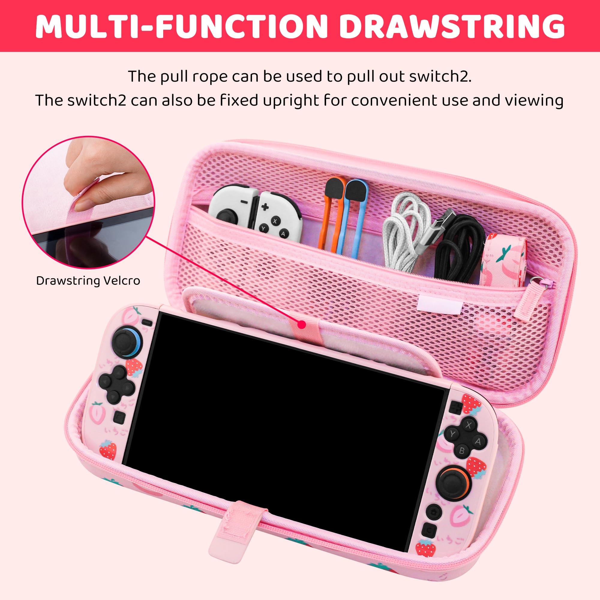 GLDRAM Custodia da trasporto rosa fragola per Nintendo Switch 2 (2025), set di accessori da ragazza carino con borsa da viaggio, custodia protettiva rigida in PC, pellicola protettiva, impugnature per