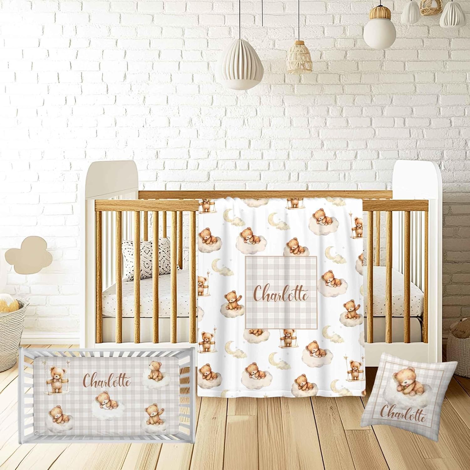 Personalized Bear & Cloud Baby Crib Bedding Set – Custom Name 3 Pcs Nursery Set for Boys & Girls, Soft Blanket, Fitted Sheet & Pillowcase – Infant Toddler Bedding, Shower Gift & Baby Nursery Decor