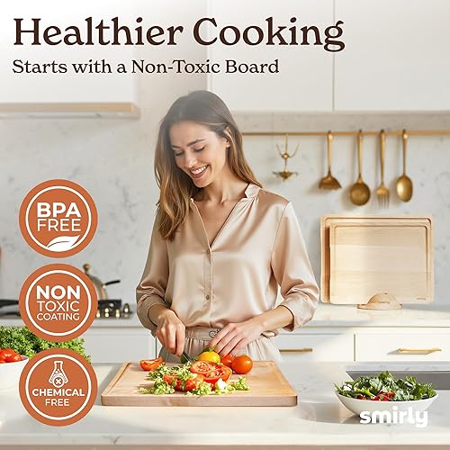 Miniatura 6 de SMIRLY Juego de tablas de cortar de madera para cocina, juego de tablas de cortar de madera reversibles con ranuras profundas para jugos profundos,