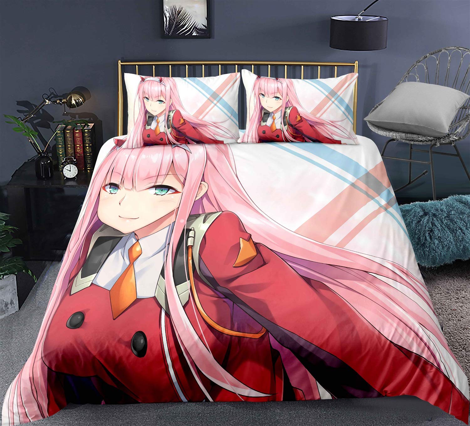 Chzhcc Three-Piece Quilt Cover for Darling in The FRANXX Zero Two 02 Series 14, 3D Anime Quilt Pillowcase, 100% Polyester, Soft and Comfortable, Bedding for Otaku and Anime Fans, Best Birthday Gift