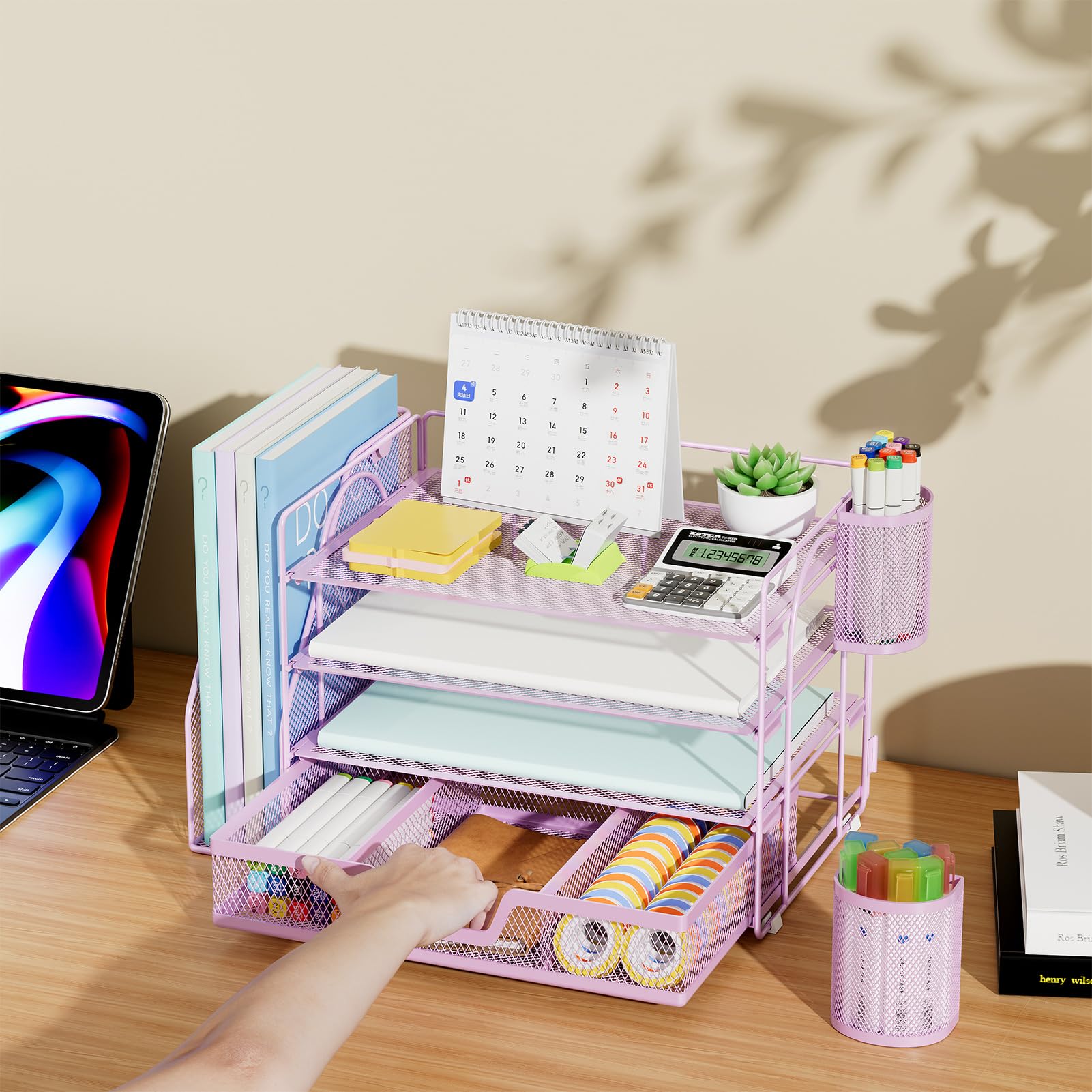 Marbrasse Organizer da scrivania e accessori, organizer per lettere a 4 livelli con porta documenti, accessori da scrivania e spazio di lavoro, organizer da scrivania con cassetto e 2 portapenne, per