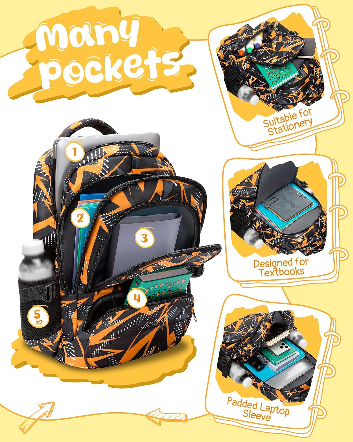 BLUEFAIRY Kids School Backpack for Boys Girls Ages 6-8 8-10 10-12 Elementary Middle School Book Bags with Laptop Compartment Mochilas Escolares para Niños Niñas de 8 10 12 Años (Orange, Geometric) image 2