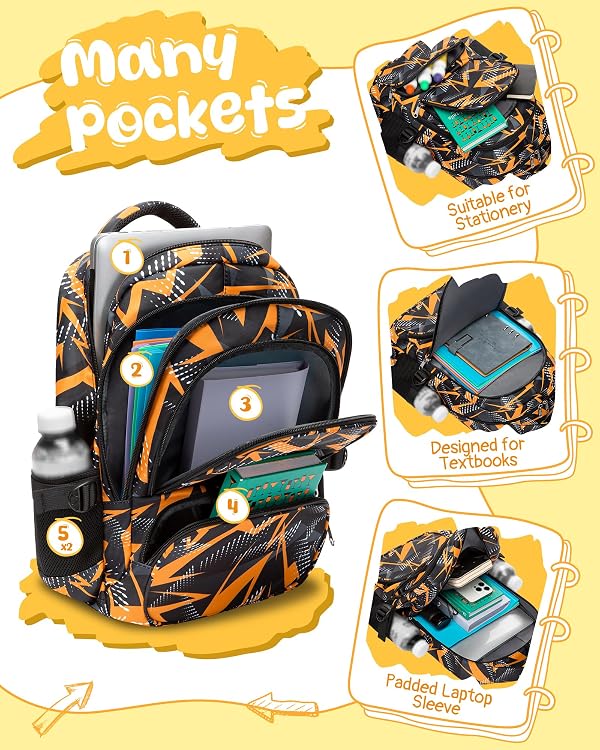 BLUEFAIRY Kids School Backpack for Boys Girls Ages 6-8 8-10 10-12 Elementary Middle School Book Bags with Laptop Compartment Mochilas Escolares para Niños Niñas de 8 10 12 Años (Orange, Geometric) by BLUEFAIRY - Used condition - Image 2