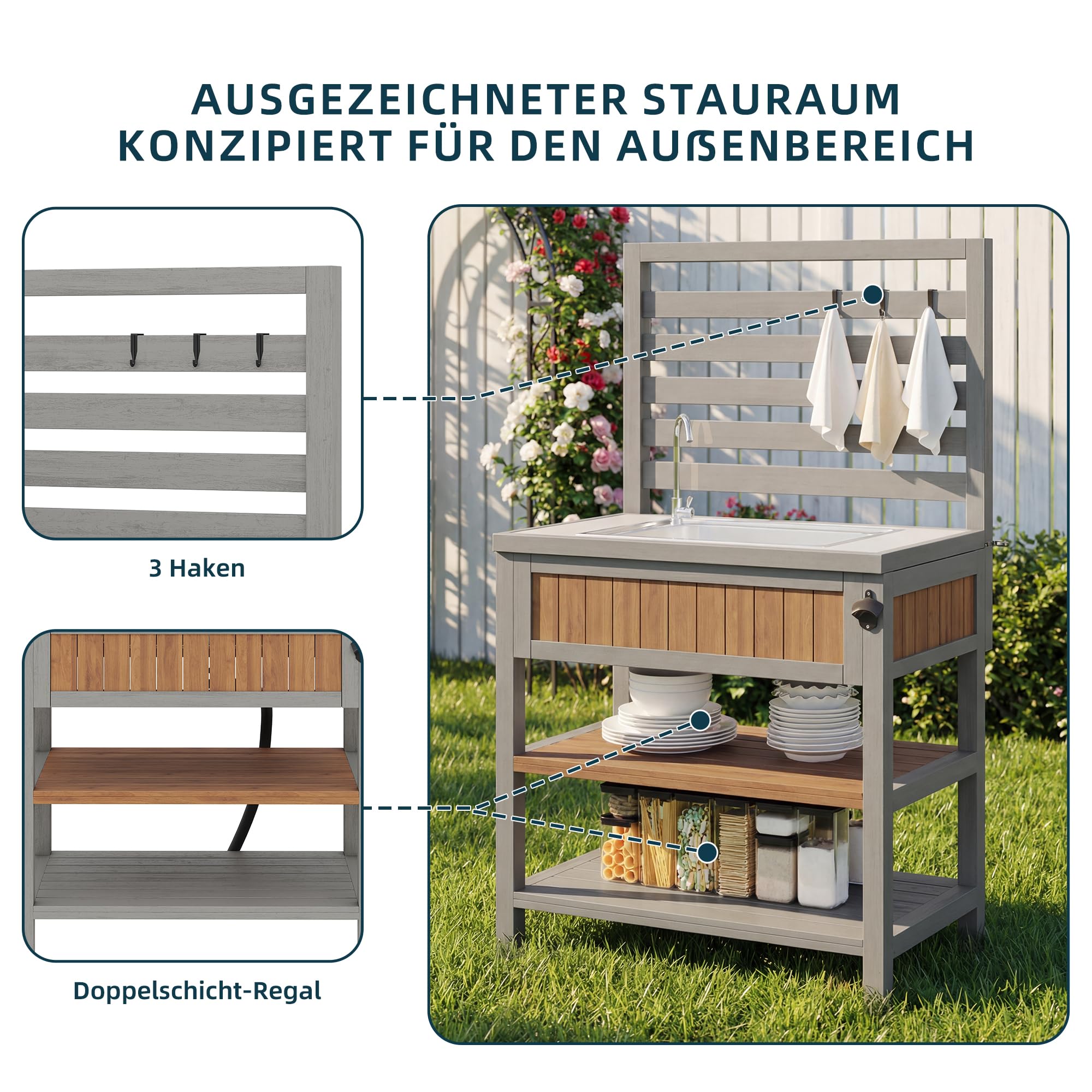Gartenschrank mit Wasserbecken & Wasserhahn integriertem Flaschenöffner – wetterfester Geräteschrank mit großer Arbeitsfläche & Schublade, Grillstation mit verstellbaren Regalen