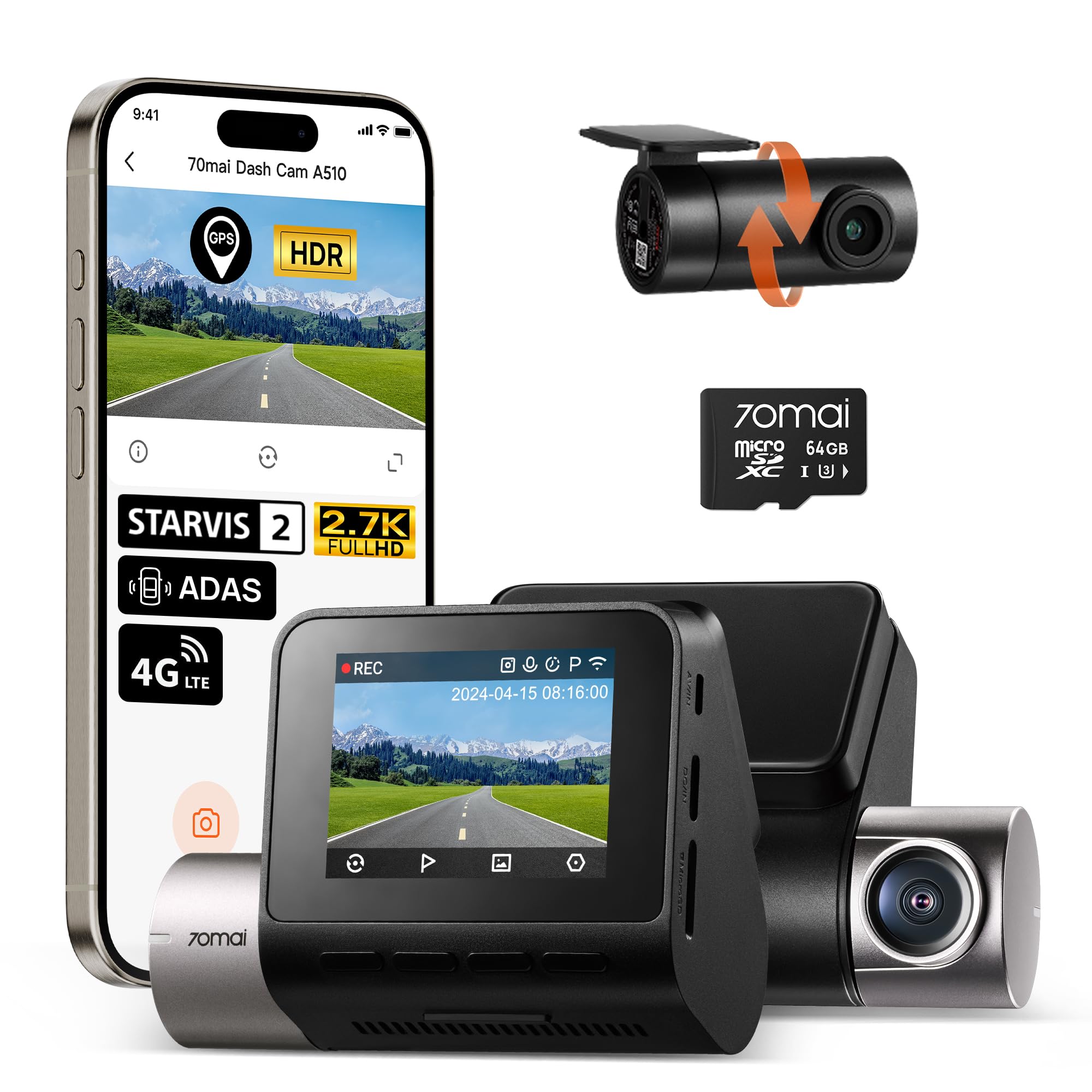 70maiDash Cam Front and Rear A510,1944P+1080P with STARVIS 2 IMX675 and 64GB Card, Dash Camera for Cars, 4G LTE Support, ADAS, Built-in GPS WiFi, APP Control, HDR, 24H Parking Mode, Loop Recording