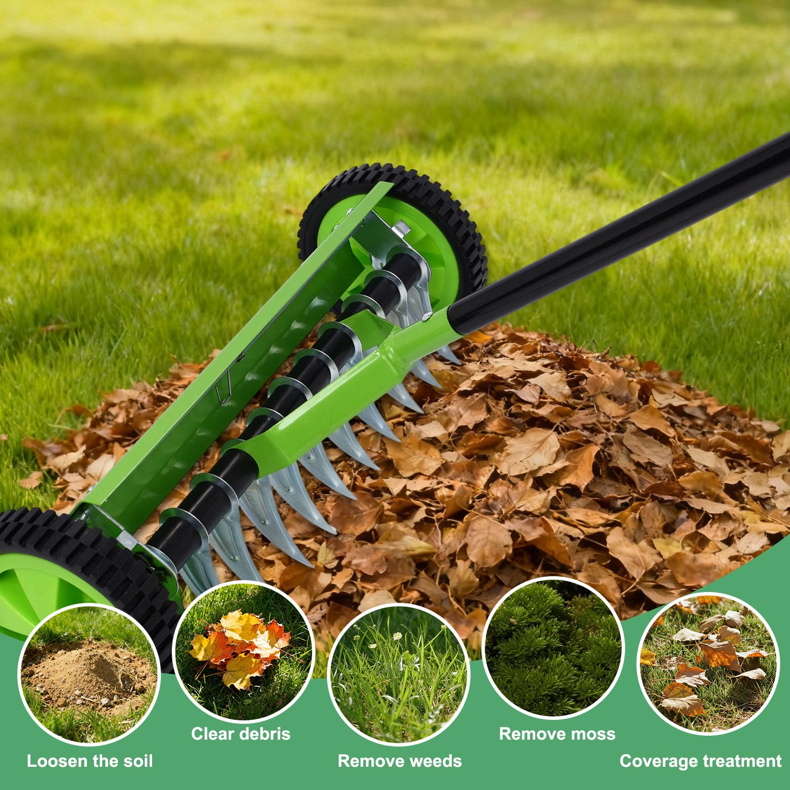 Rastrillo Escarificador de Césped Resistente, Multifuncional Rastrillo para Césped con Ruedas para Eliminar Residuos y Mantener el Jardín