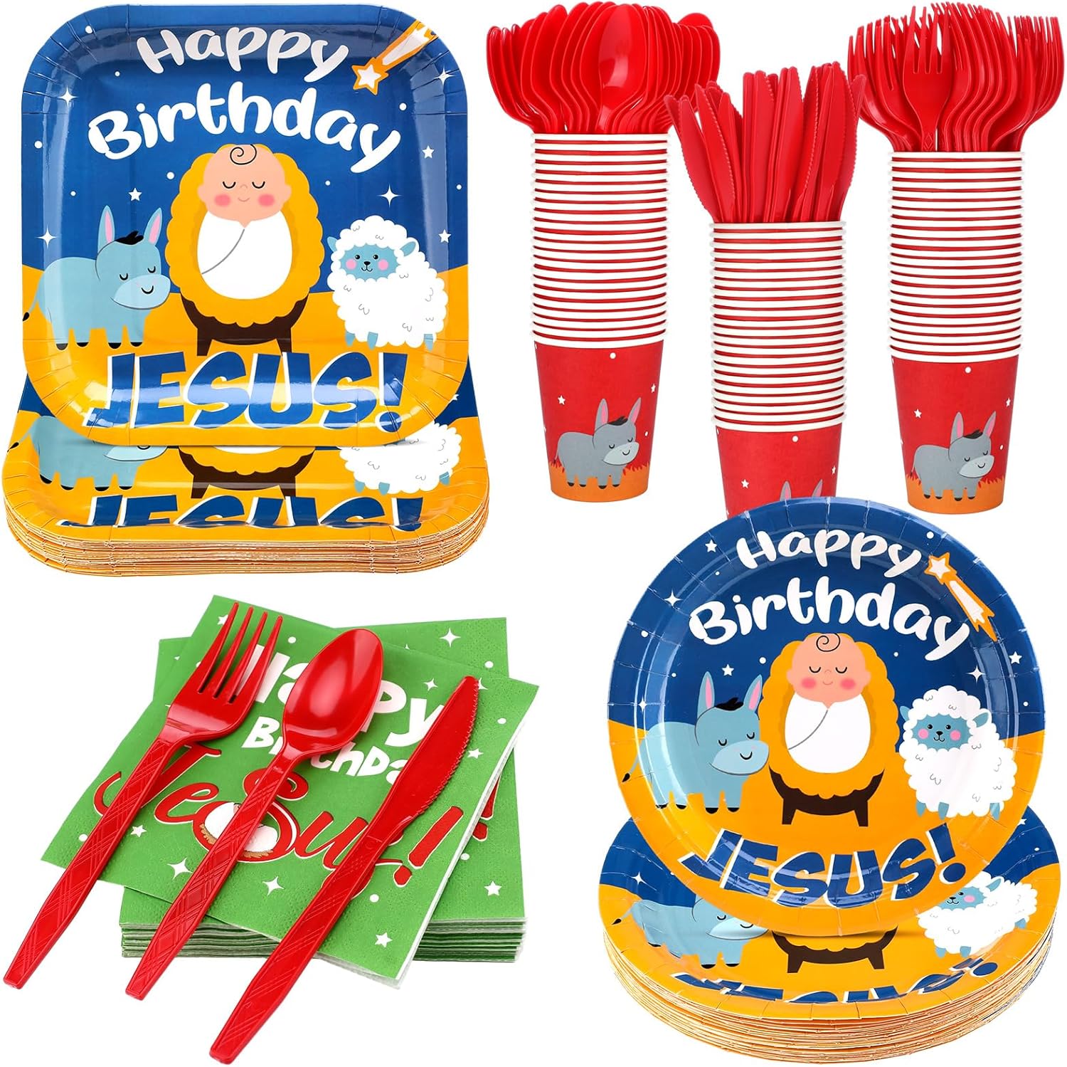 Maxcheck 175 Pcs Christmas Plates and Napkins Set Serves 25 Guest Xmas Tableware Happy Birthday Jesus Disposable Christmas Dinnerware Include Plates Napkins Cups Spoon Forks and Knife for Christmas