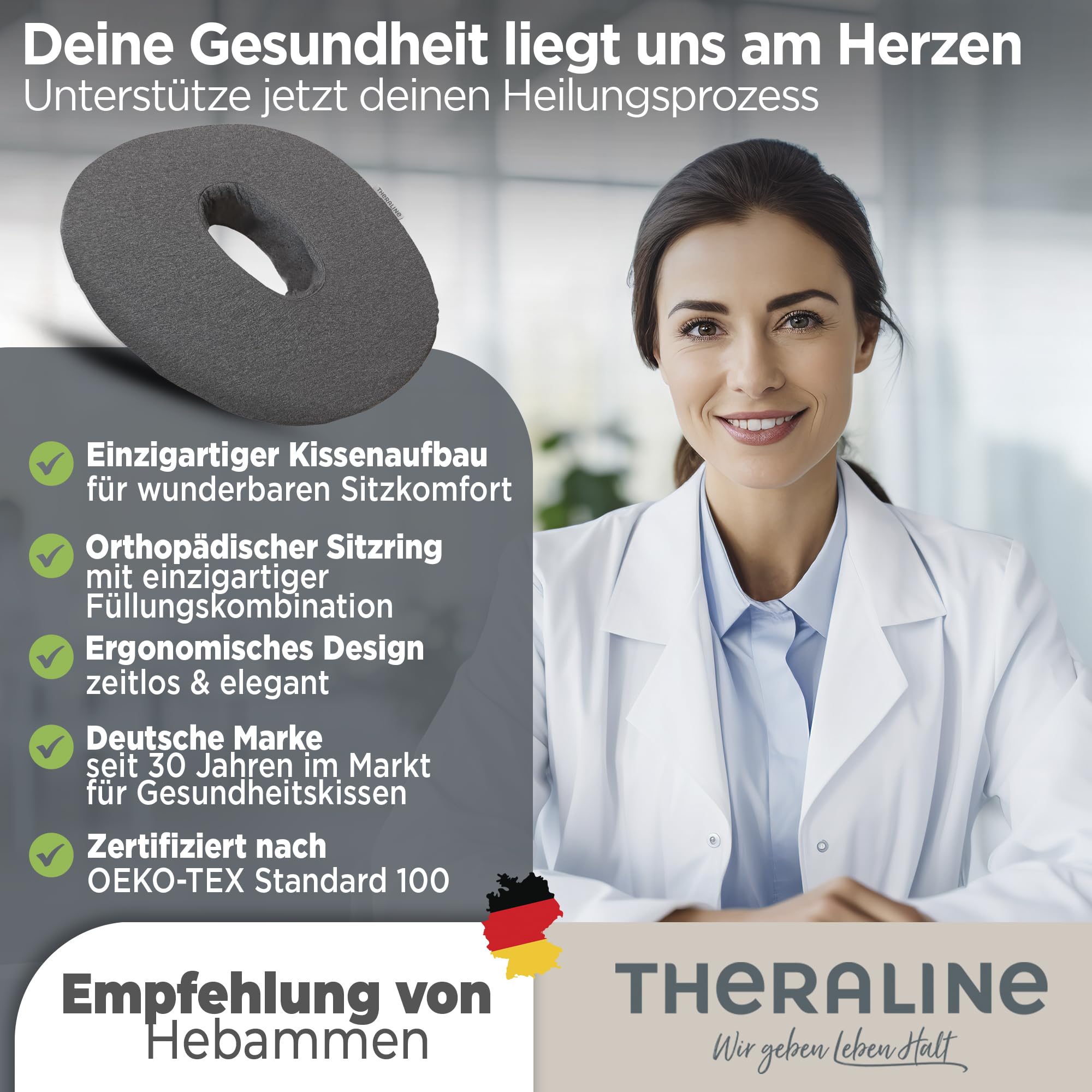Theraline Ergonomischer Sitzring zur Steißbein Entlastung, Sitzring nach OP, Geburt oder als Hämorrhoiden Sitzkissen, orthopädisches Donut Kissen (Anthrazit Melange) | Entlastendes Ringkissen zum Sitzen & Liegen - OekoTex geprüftes Donut Kissen mit Loch &