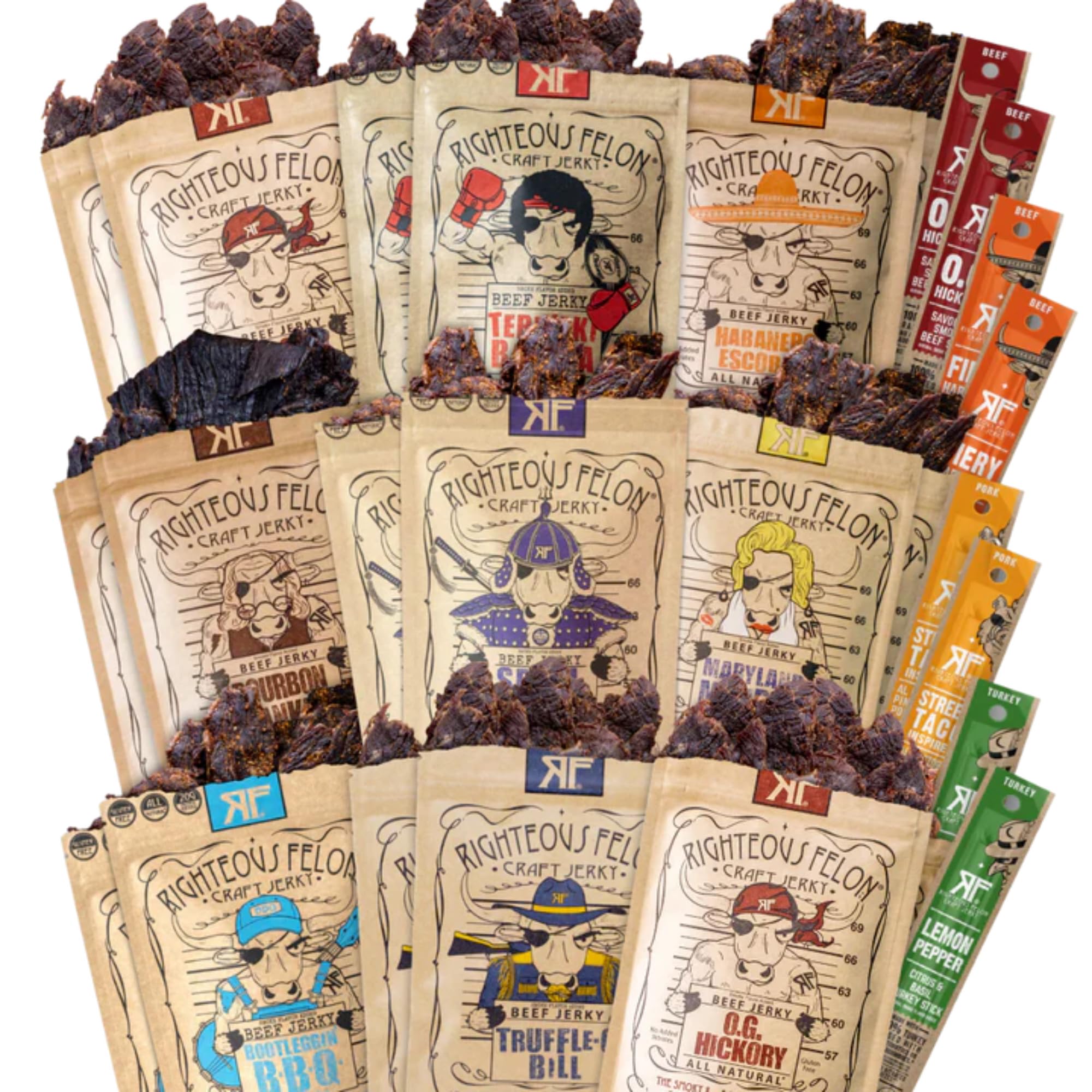 Righteous Felon Beef Jerky and Meat Sticks Variety Pack, High Protein, Low Carb, Low Sugar, Gluten Free, Healthy Snacks for Adults and Kids, Made with