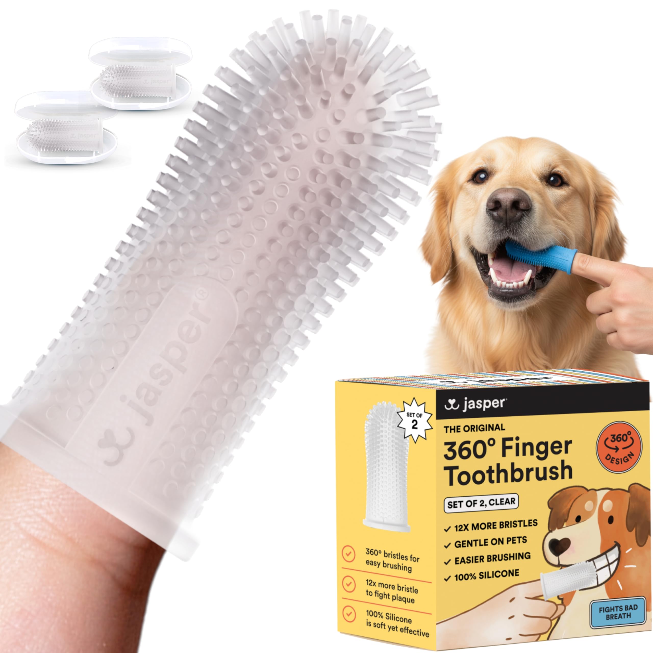 Jasper Dog Toothbrush, 360 Degree Dog Tooth Brushing Kit, Cat Toothbrush, Canine Dental Care & Teeth Cleaning Kit, Pet Finger Tooth Brush, Use with
