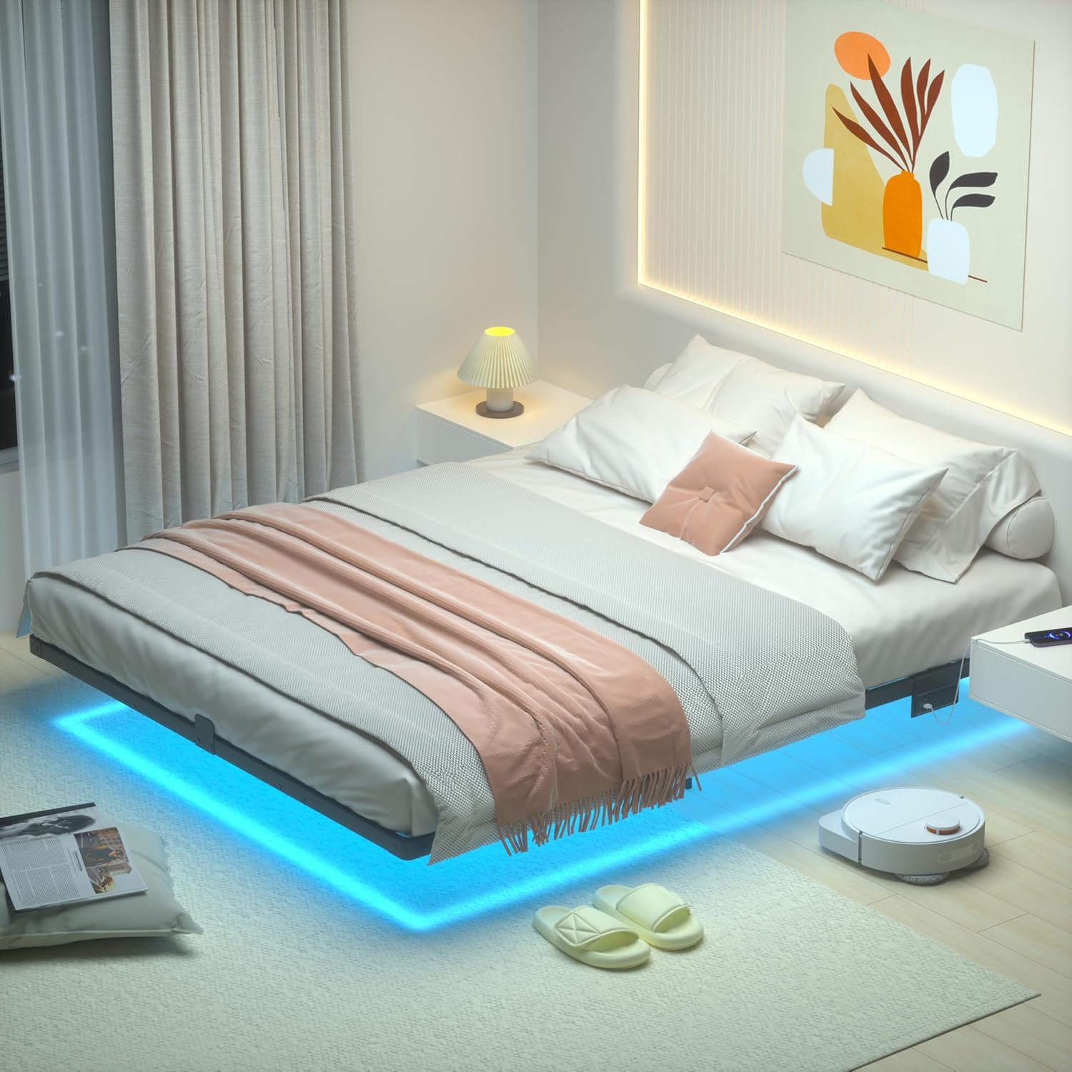 Queen Bed Frame, Floating Bed Frame Queen Size with Smart LED Lights & USB Charging Station, Metal Platform Double Bed Frame, Steel Slat Support, No Box Spring Needed, Easy Assembly HBF150BK