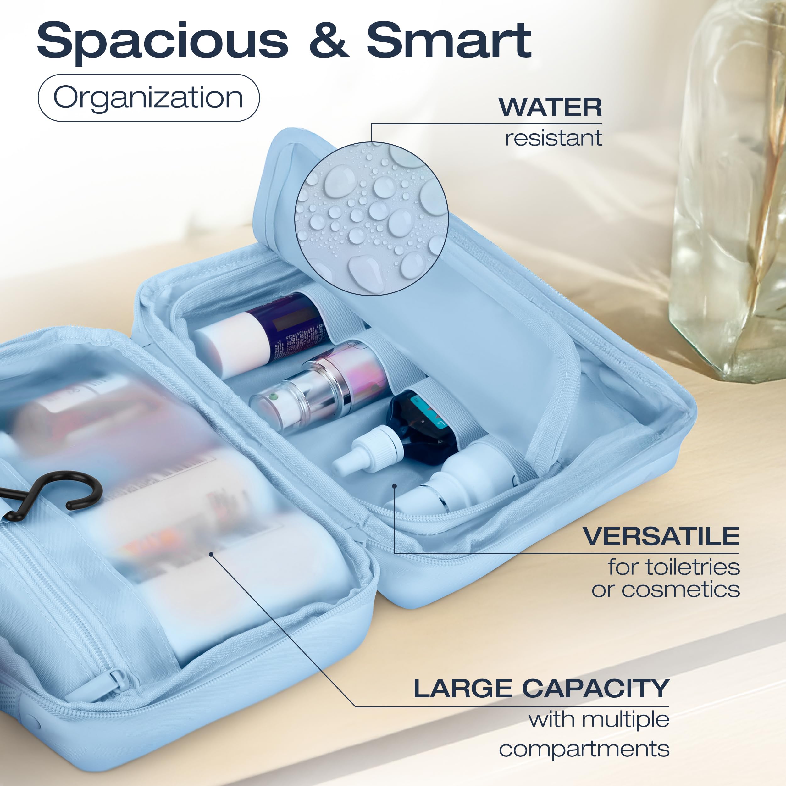 KAZAY Neceser colgante, diseño inteligente 2 en 1 con bolsa desmontable, resistente al agua, nailon premium, botellas de tamaño completo, bolsa de cosméticos, bolsa de maquillaje, Azul claro, Compact