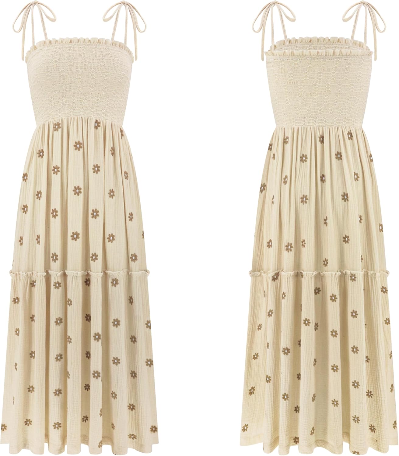 R.Vivimos Womens Summer Cotton Boho Midi Dress 2026 Spaghetti Strap Floral Embroidered Smocked Tiered Flowy Long Dresses - Image 6