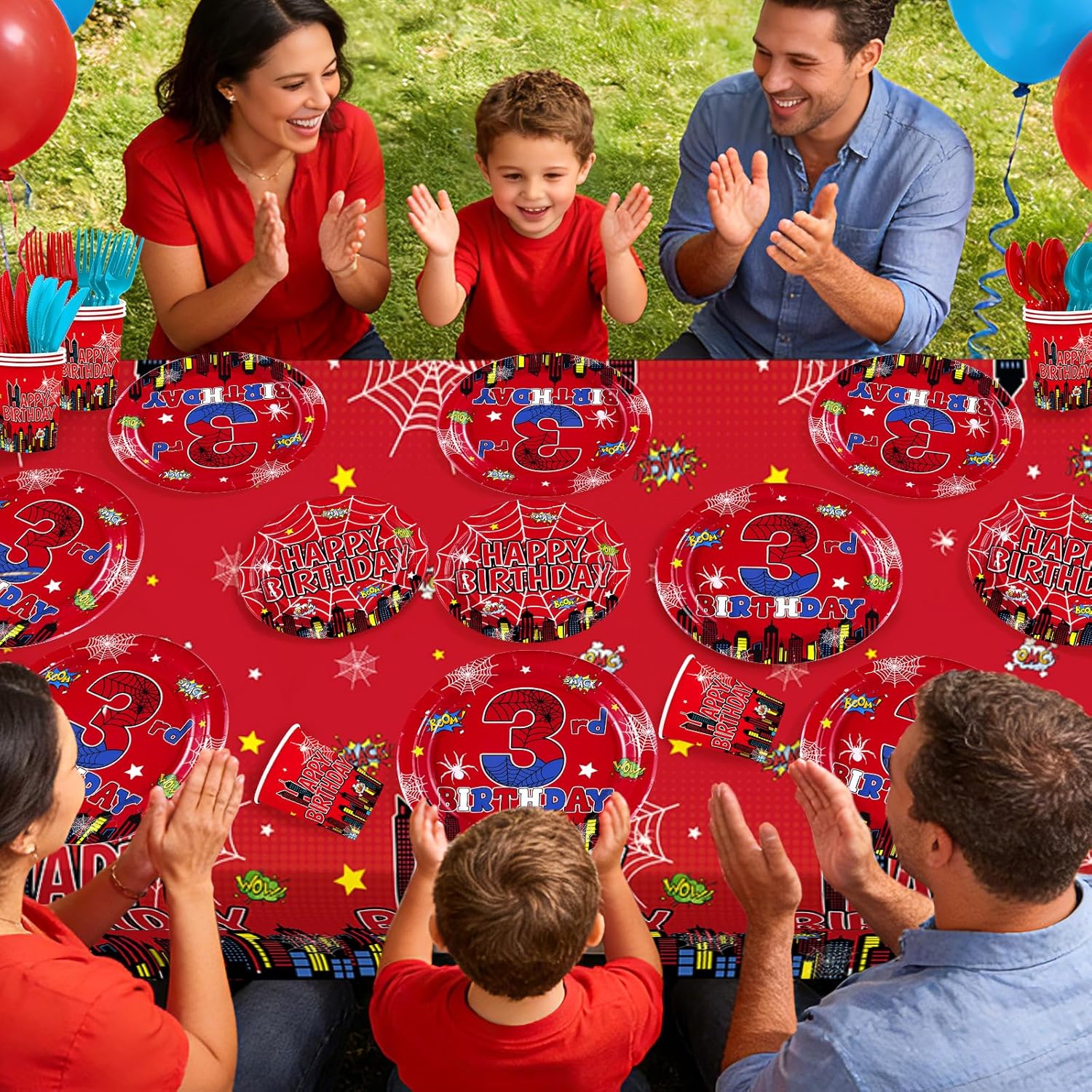 171Pcs Spider 3rd Birthday Party Decorations Super Theme Hero 3rd Birthday Tableware Serves 24 Includes Plates Napkins Cups Tablecloth Banner Forks Spoons Knives for Kids 3 Year Old Party Supplies