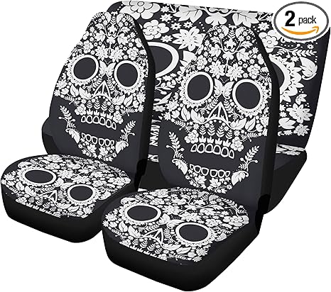 Dia de Los Muertos Sugar Skull Car Seat Covers with Matching Floor Mats – Mexican Candy Skull Calaveras Auto Interior Kit for Vibrant Festive Seat and Carpet Protection (2pcs Front seat Covers)