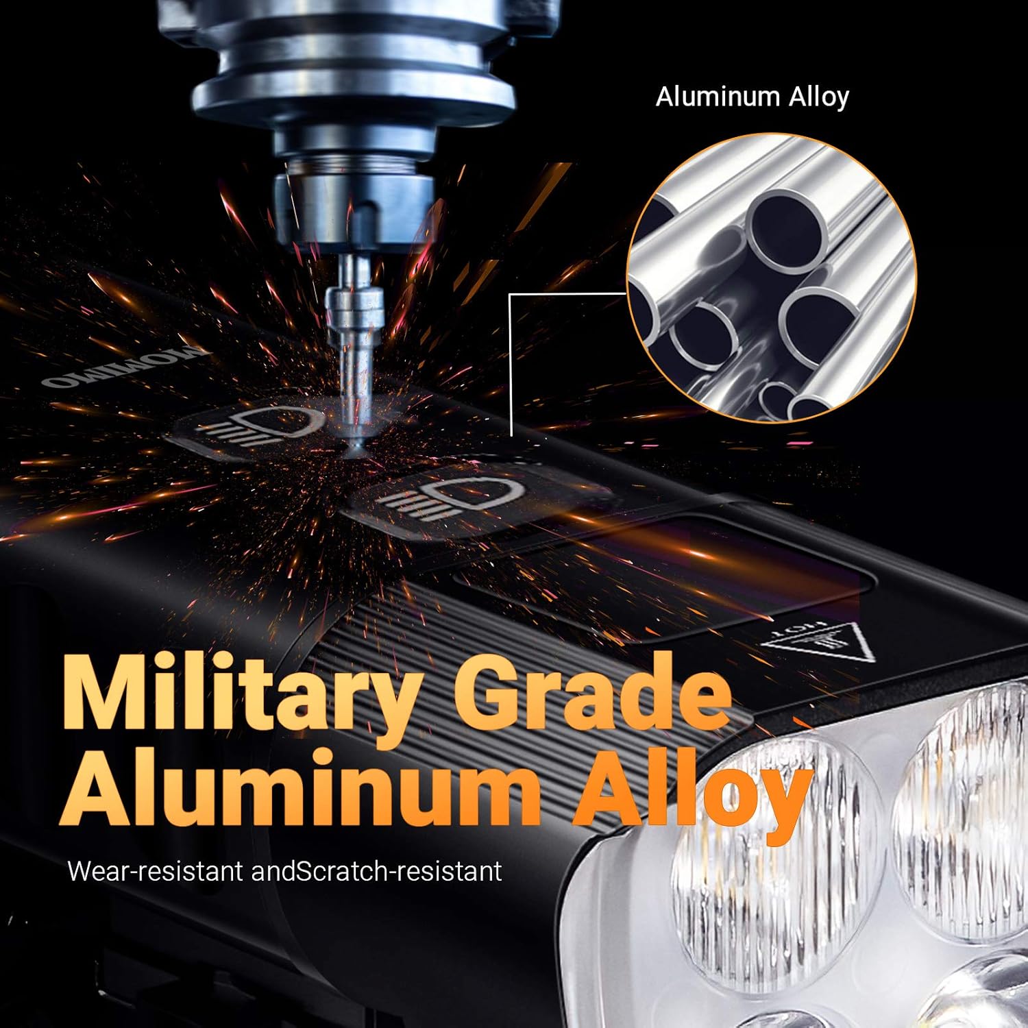 Close-up of the MOMIMO Bike Light surface, highlighting its military-grade aluminum alloy construction.