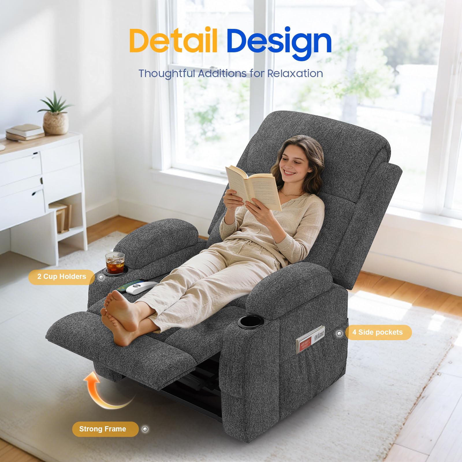 Sillón reclinable con función masaje y calefacción, sillón elevable para ancianos con puertos Type-C y USB, 4 bolsillos laterales, 2 portabebidas, sillón reclinable Rise para salón