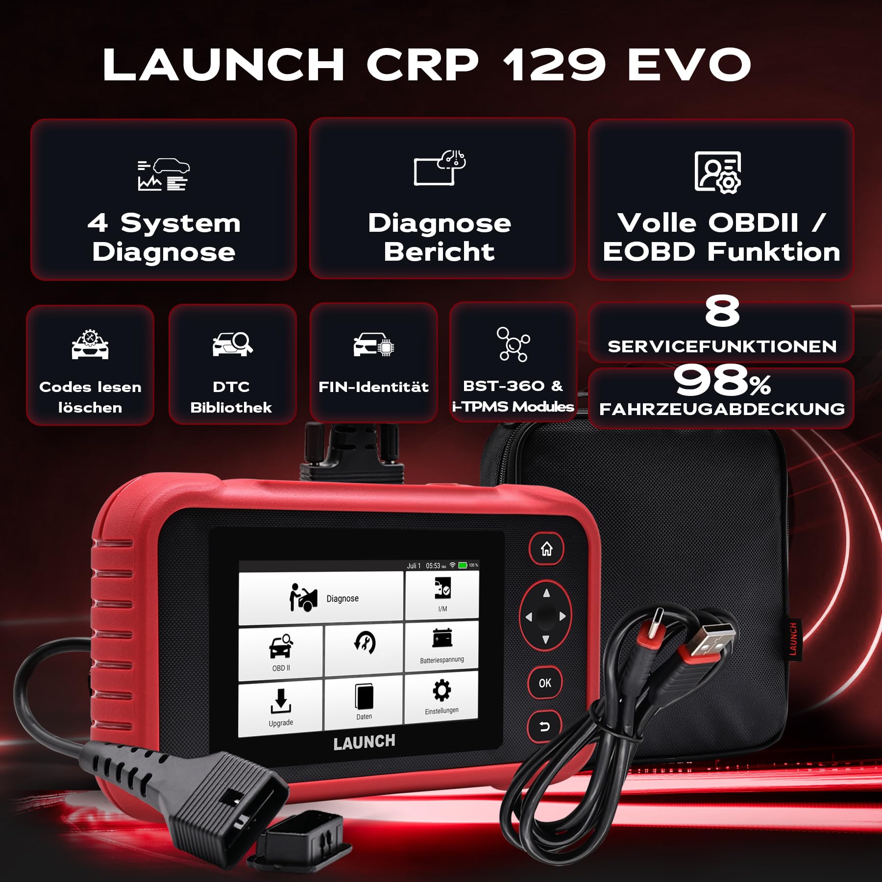 LAUNCH Europe CRP 129 EVO OBD2 Diagnosegerät Auto Auslesegerät Kfz-Diagnose EOBD Tester 4 Systemen Motor, ABS, SRS, Automatik Getriebe + 8 Service Funktionen mit Touchscreen WiFi kostenlose Update