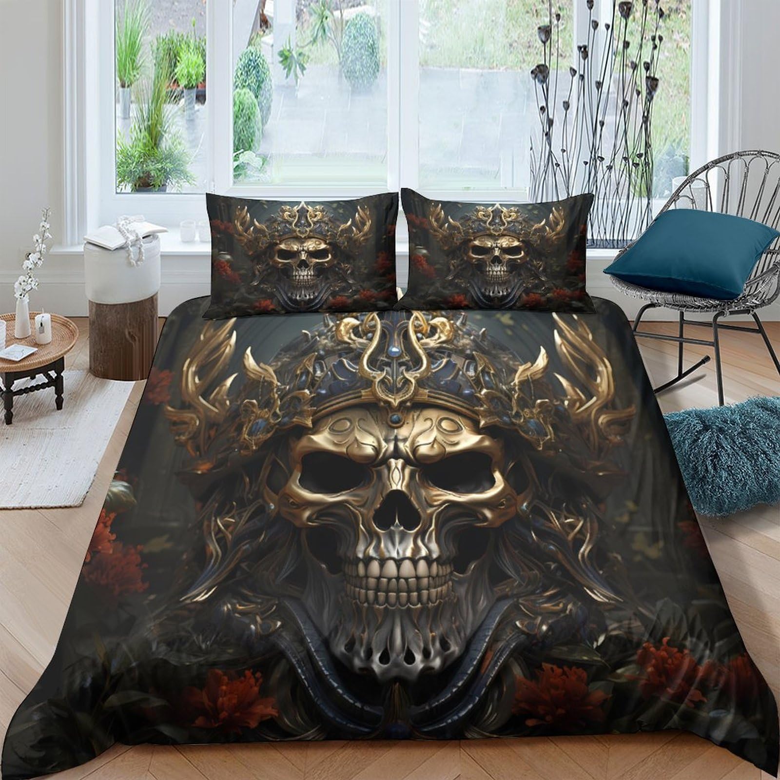Ctjqhvkz Style-1 3D Printed Gothic Skull Fitted Sheet Microfiber Black Gold Punk Mattress Cover For Bedroom Dorm Decor Protection Single（135X200cm）