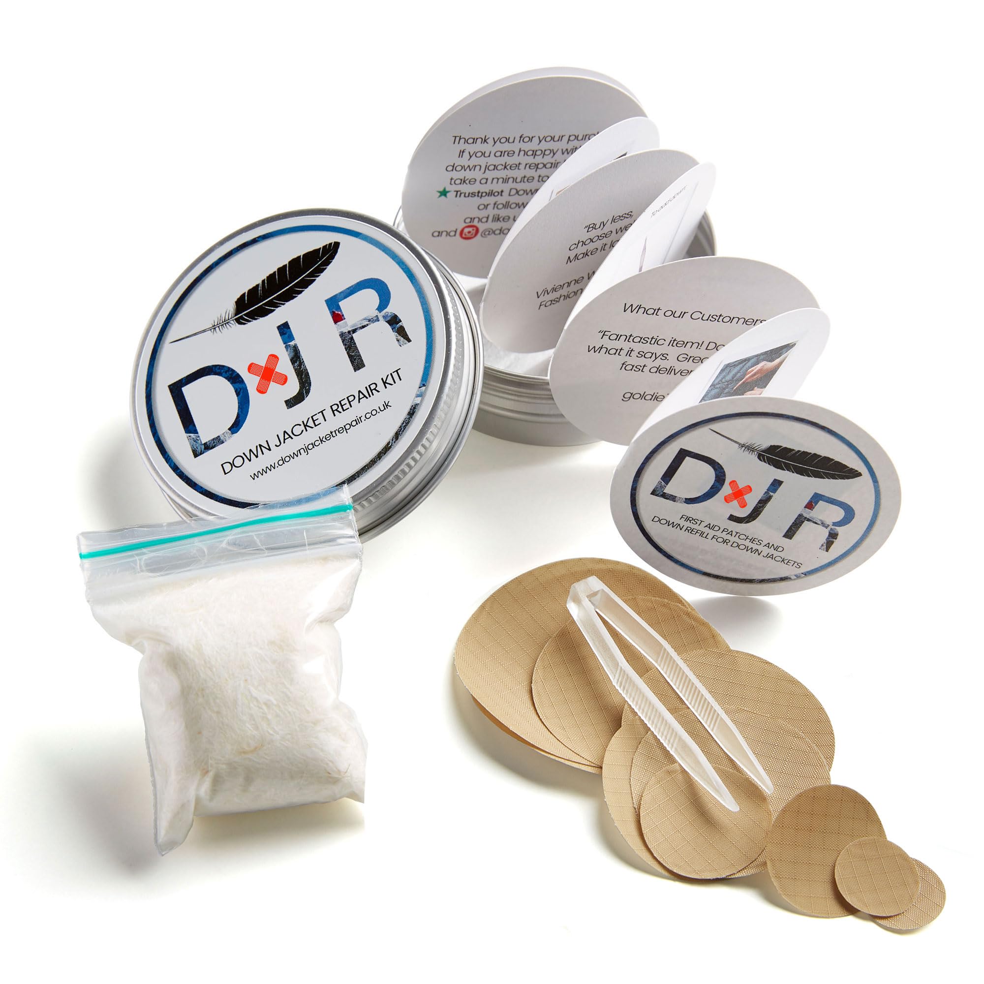DJR COMPLETE DOWN JACKET REPAIR KIT - 10 Easy to Use, Pre-Cut, Self-Adhesive, Waterproof, Tear-Resistant Patches + 1g Pure Goose Down to Fix Holes in Down Jackets, Outdoor Gear (Beige)