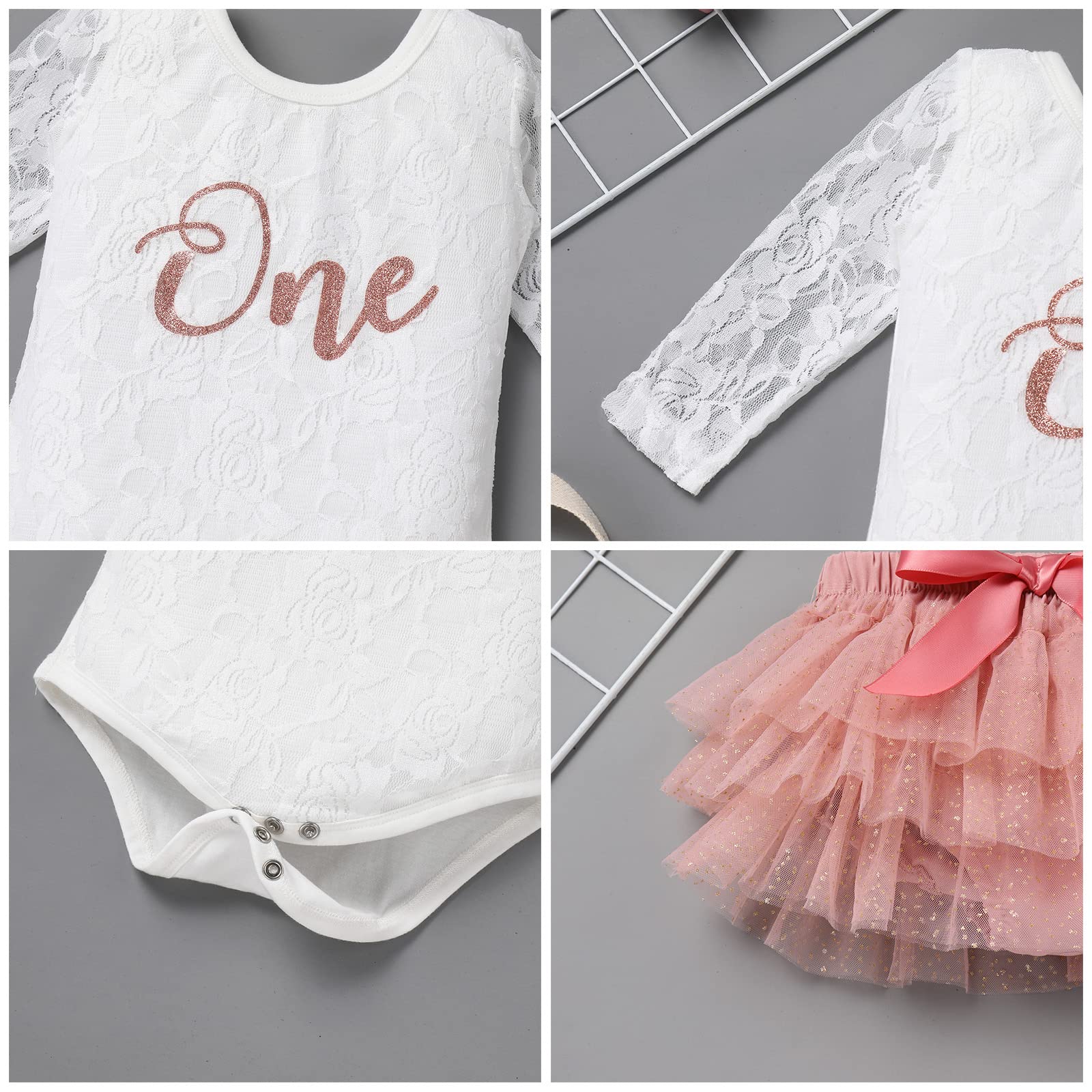 FYMNSI Baby Mädchen 1. Geburtstag Fotoshooting Outfit Spitze Langarm Body + Tütü Rock + Stirnband 3tlg Bekleidungsset