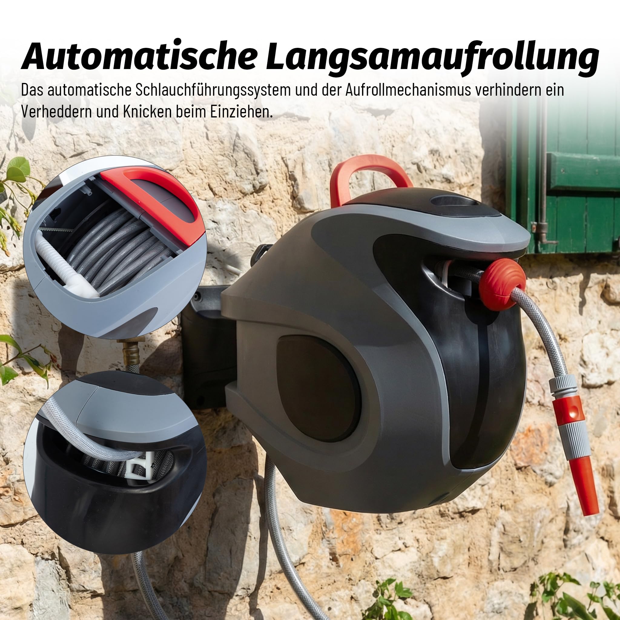 Schlauchbox RollUp 30 m – 180° Schwenkbare Schlauchtrommel, Flexible Bewässerung für Große Gärten, inkl. Wandhalterung, 30 m Gartenschlauch und Ergonomischer Spritze (Graulbau)
