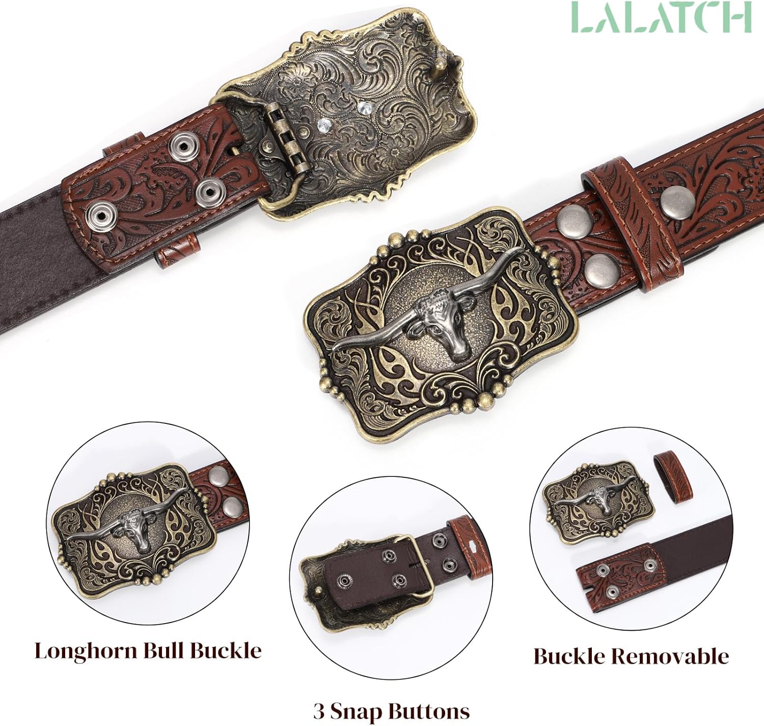 Cowboy Cowgirl Belt Western Belts for Men Women Floral Engraved Longhorn Bull Buckle Belt for Jeans - Image 4