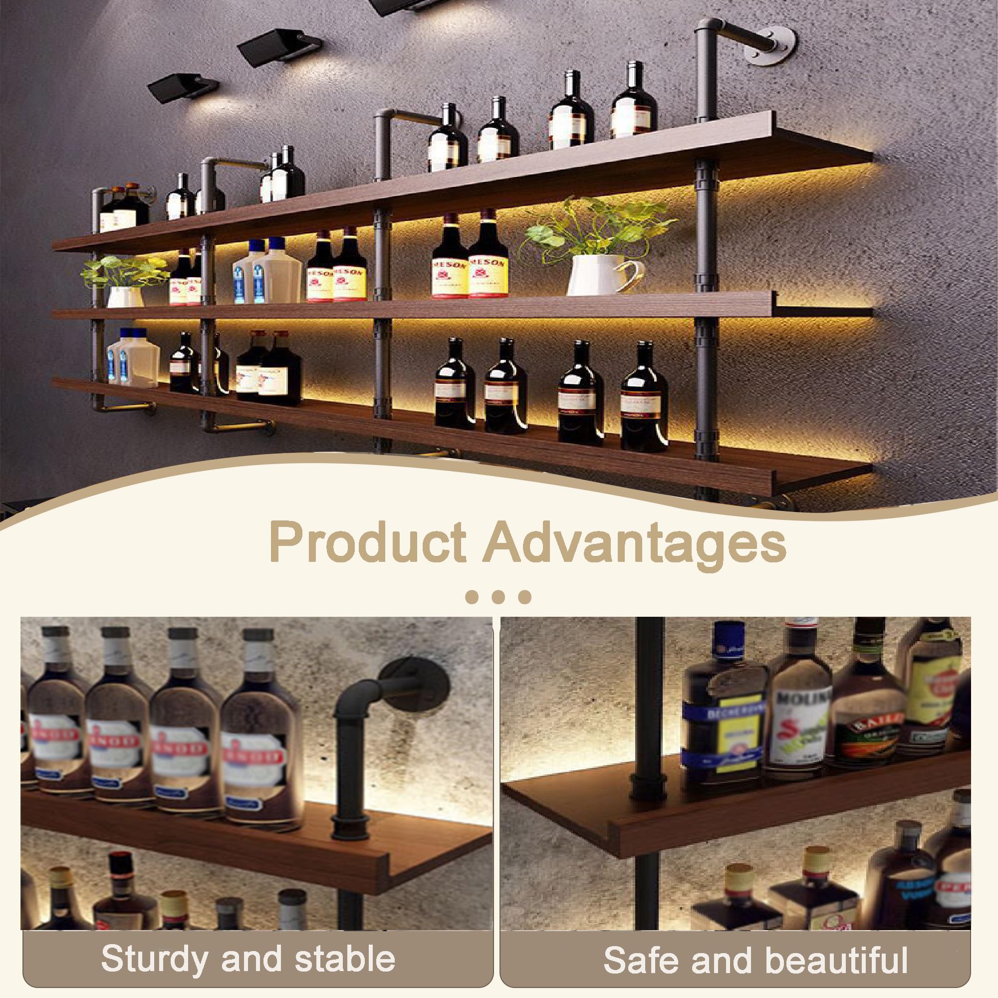 100CM Grande Portabottiglie Da Parete con illuminazione a LED,3 Livelli Supporto Vetro in legno massello in stile industriale vetrinetta da parete Pensile bar, ristoranti e case