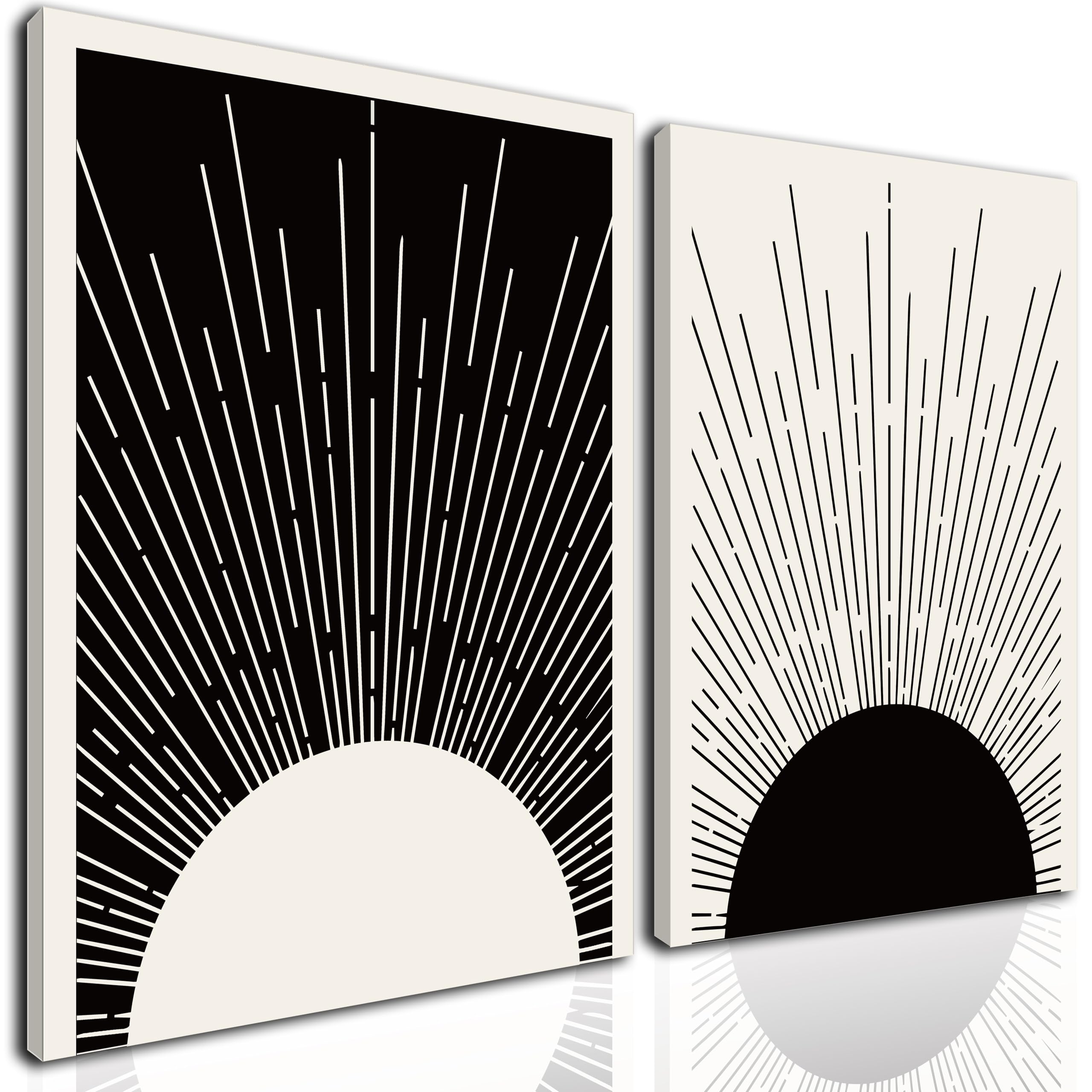 Hwetui Framed Boho Sun Wall Art Set of 2 Black and White Minimalist Sunrise Canvas Prints Abstract Sunshine Painting Geometric Line Pictures Home