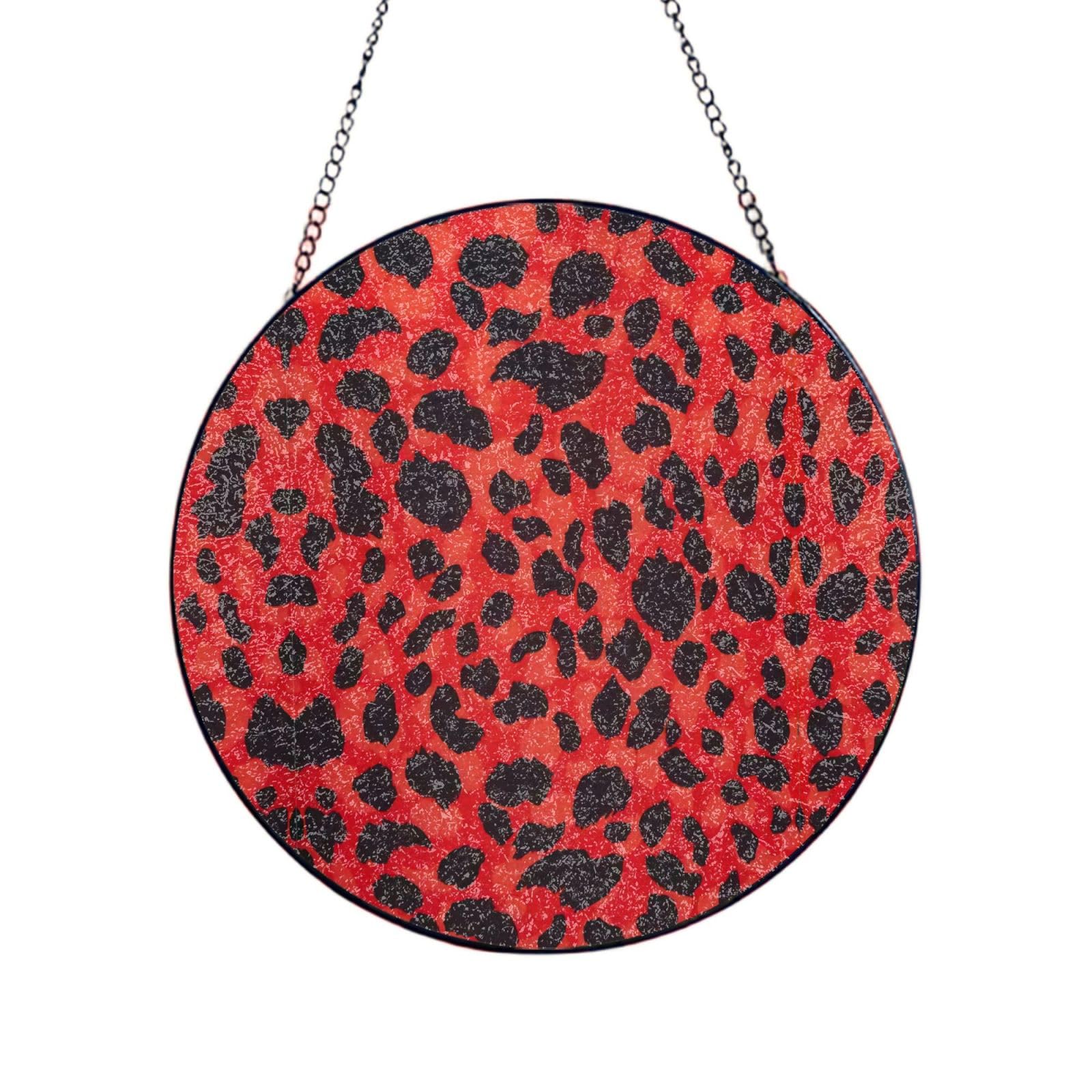 Phayah Red Leopard Pattern Print Glass Window Hanging Round Suncatcher Glass Ornament Garden Wall Fence Decorations Indoor Outdoor 4in（10cm）