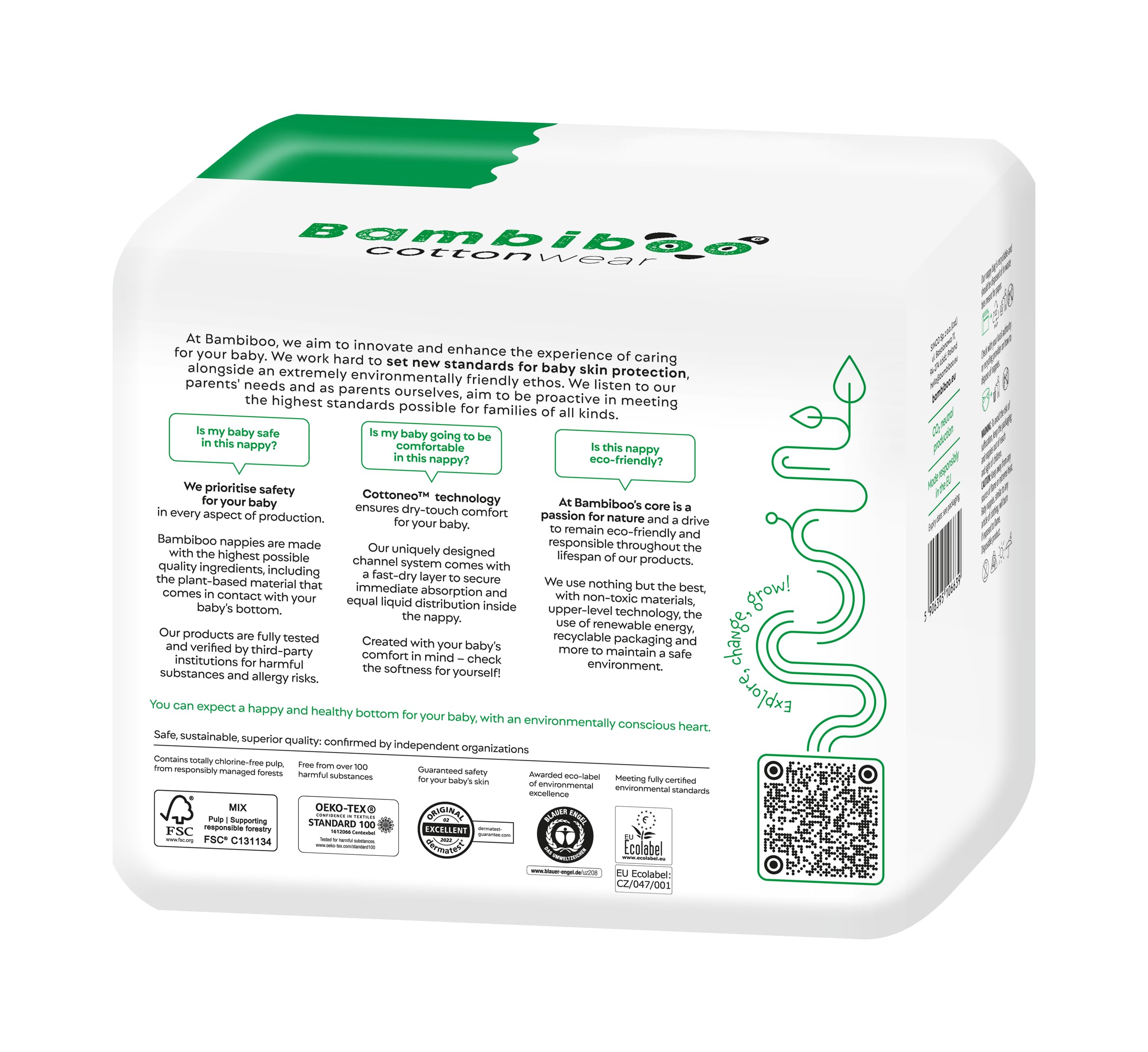 Bambiboo - COTTONWEAR pieluchy dla niemowląt, duże opakowanie, jednorazowe pieluchy, rozmiar 1 noworodka (2-4 kg) z wycięciem na pępek, z bio-bawełną, substancjami roślinnymi, wskaźnikiem wilgotności
