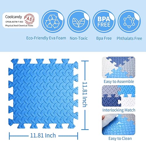 Miniatura 4 de Coolcandy Tapete de juego de espuma para bebé, 16 piezas con tiras de borde, azulejos de piso entrelazados de 4 colores, tapete de piso