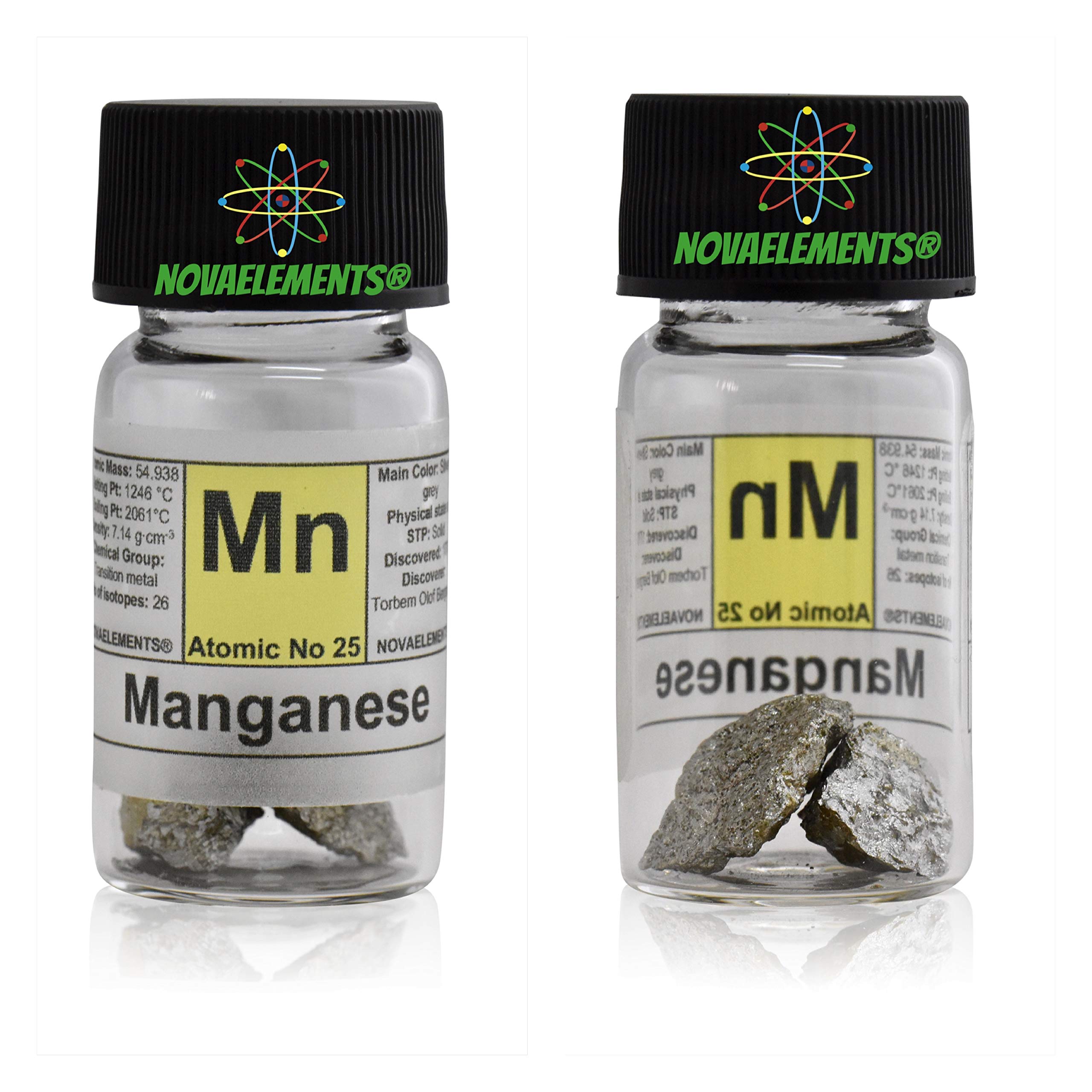 Manganese metallic element 25 Mn, shiny pieces 5 grams in glass vial with label